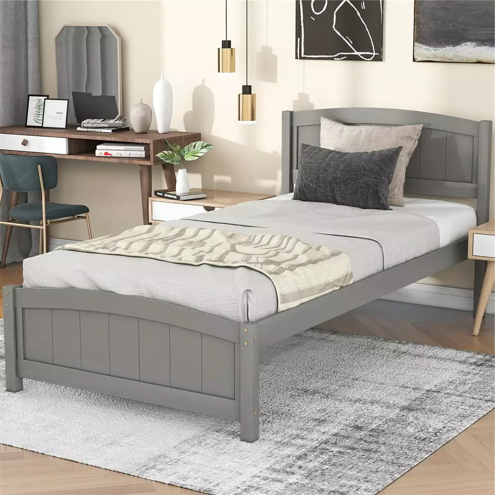 Twin Bed Frame Headboard Grey Modern Wood Twin Bed Frame Kids Adults Teens Wood Slat Support L4190 Segmart