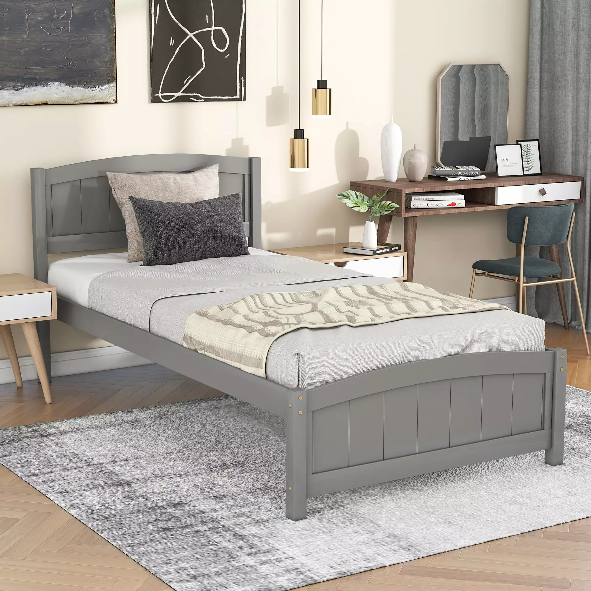 Gray Wood Twin Bed Frame Headboard and Footboard No Box Spring Needed Syngar