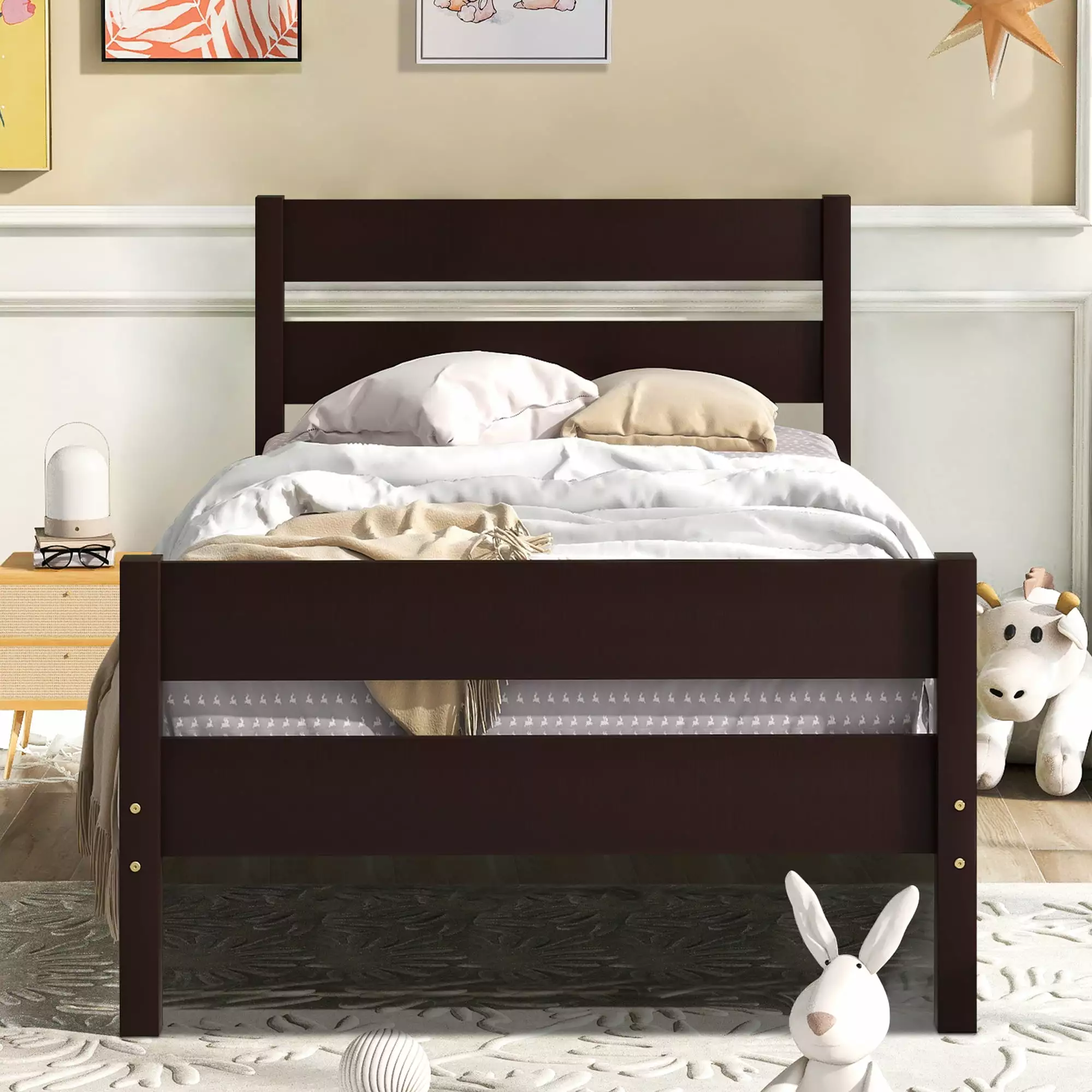SYNGAR Wood Twin Platform Bed Frame Headboard and Footboard Modern Bed Single Twin Size