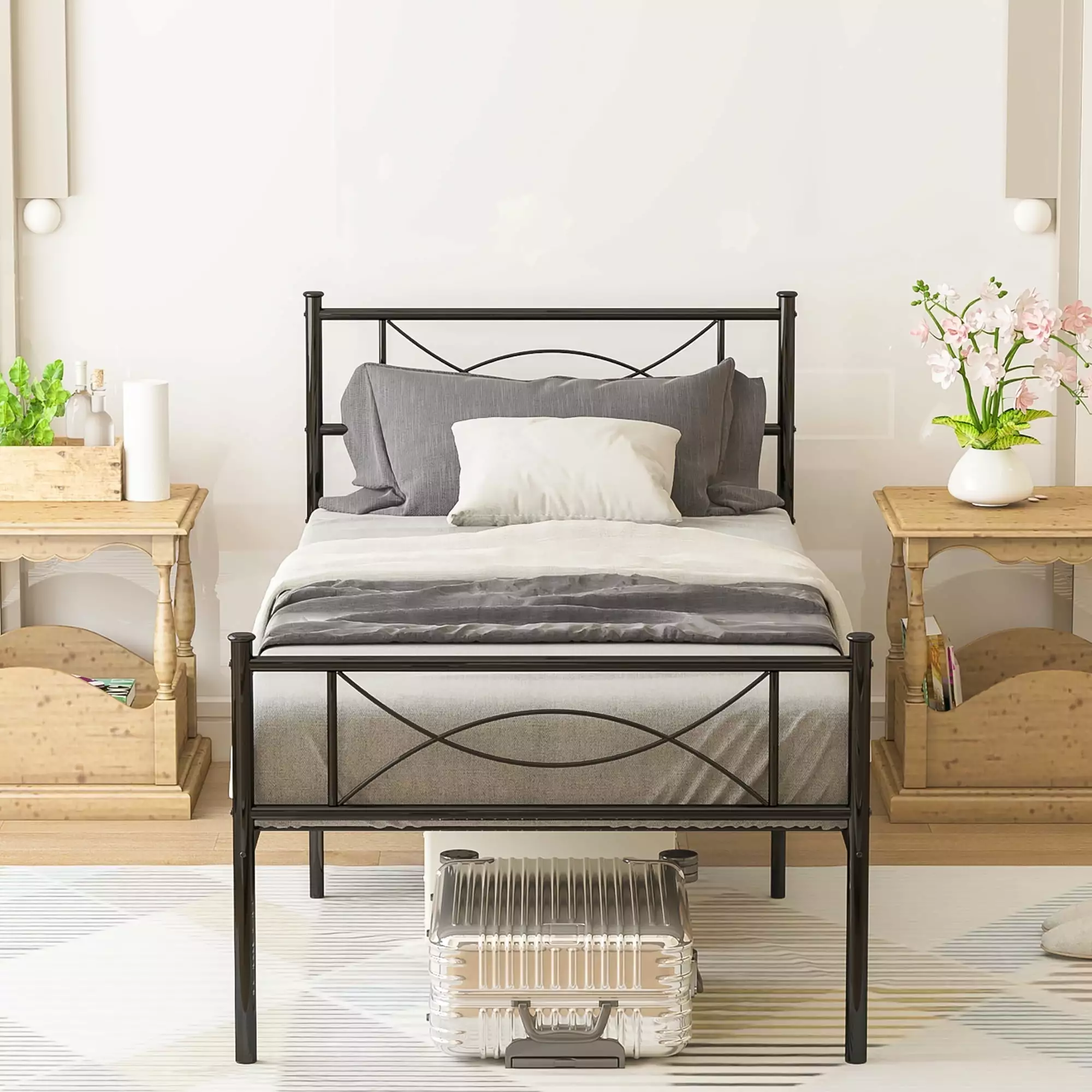 Teraves Single Metal Platform Bed Frame Headboard Kids Teens Twin Size Kids Bed Storage Space Black
