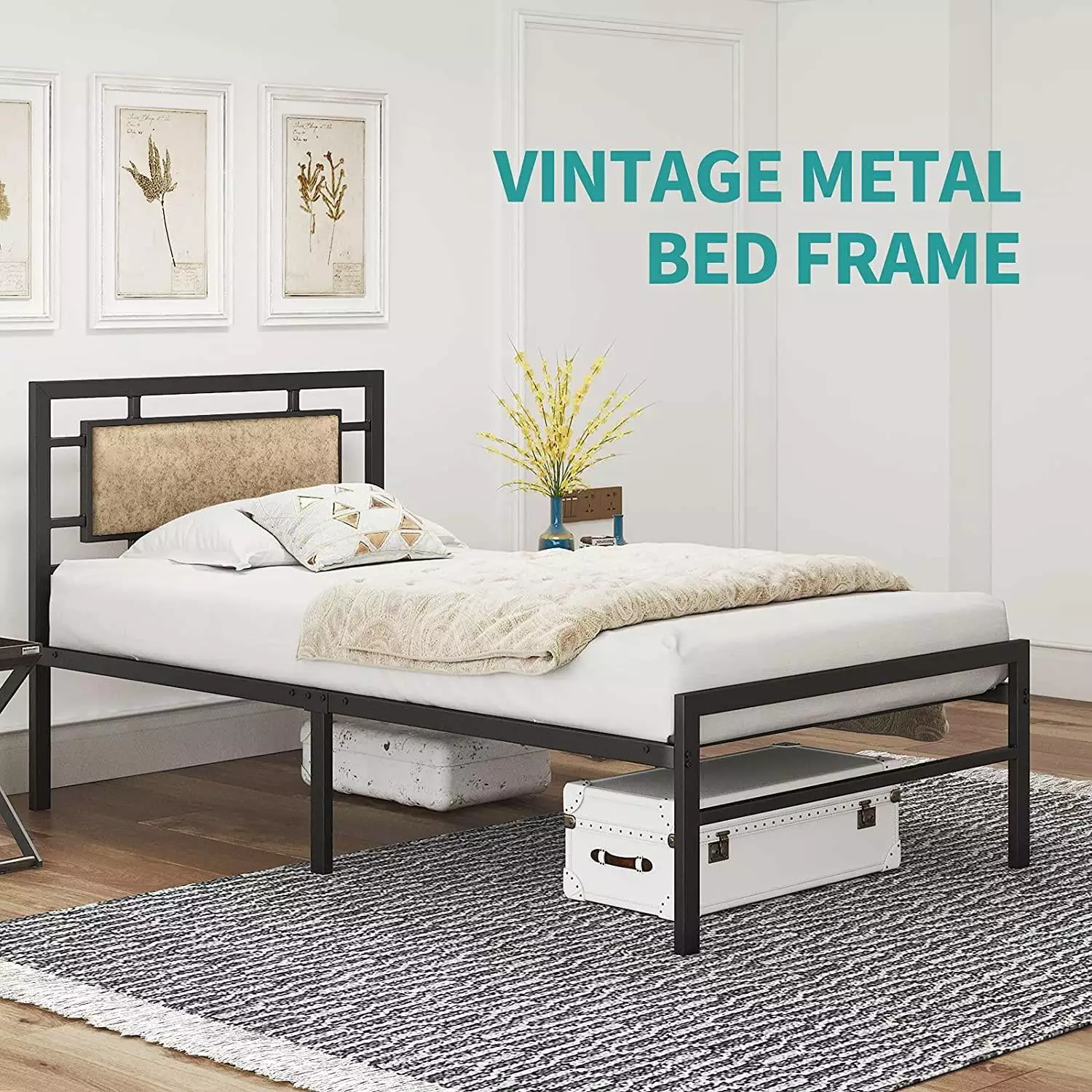UBesGoo Vintage Metal Twin Bed Frame Rustic Brown Faux Leather Headboard Platform Bed
