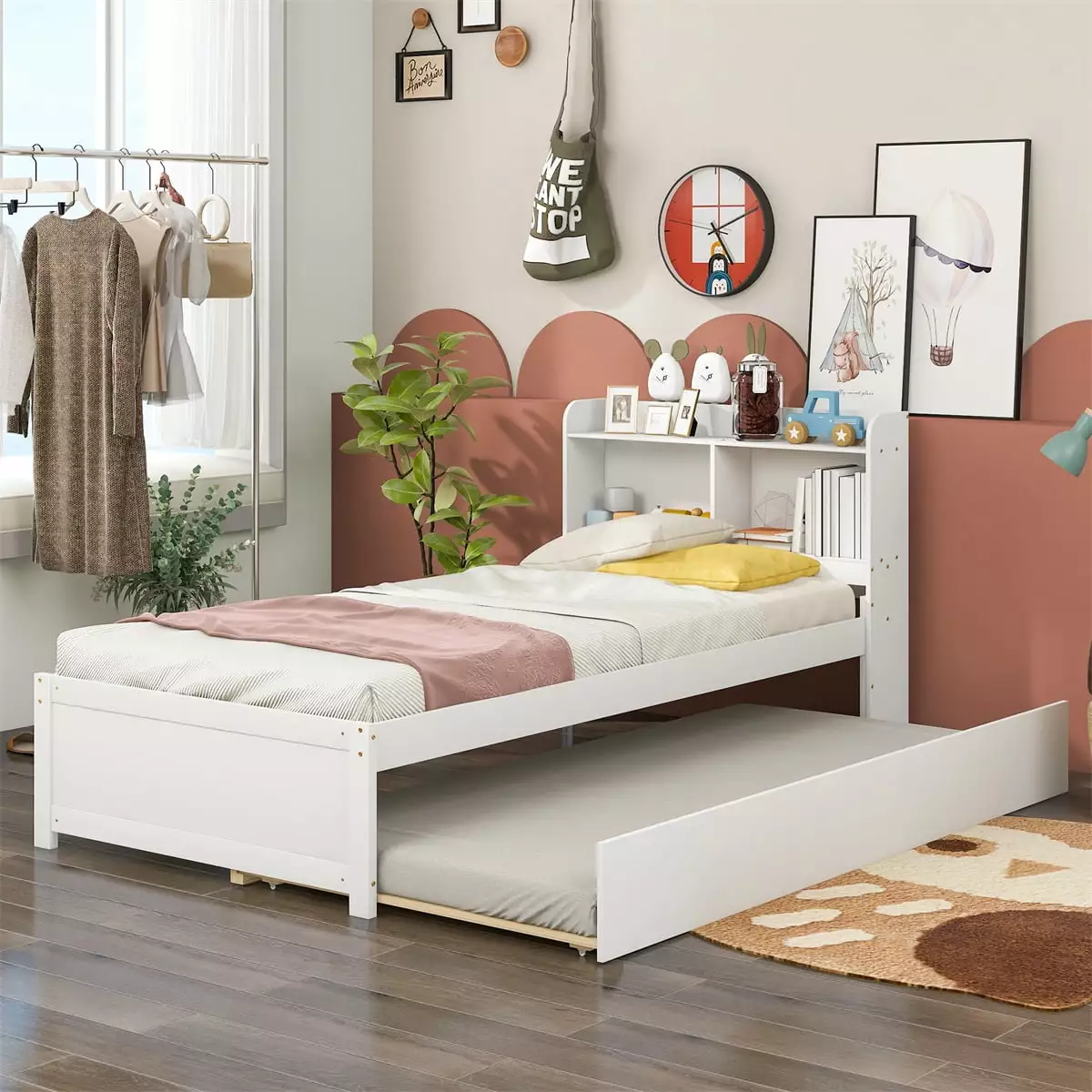 Twin Bed Trundle and Storage Wood Platform Bed Bookcase Headboard Space Saving Twin Size Bed Frame White INCLAKE