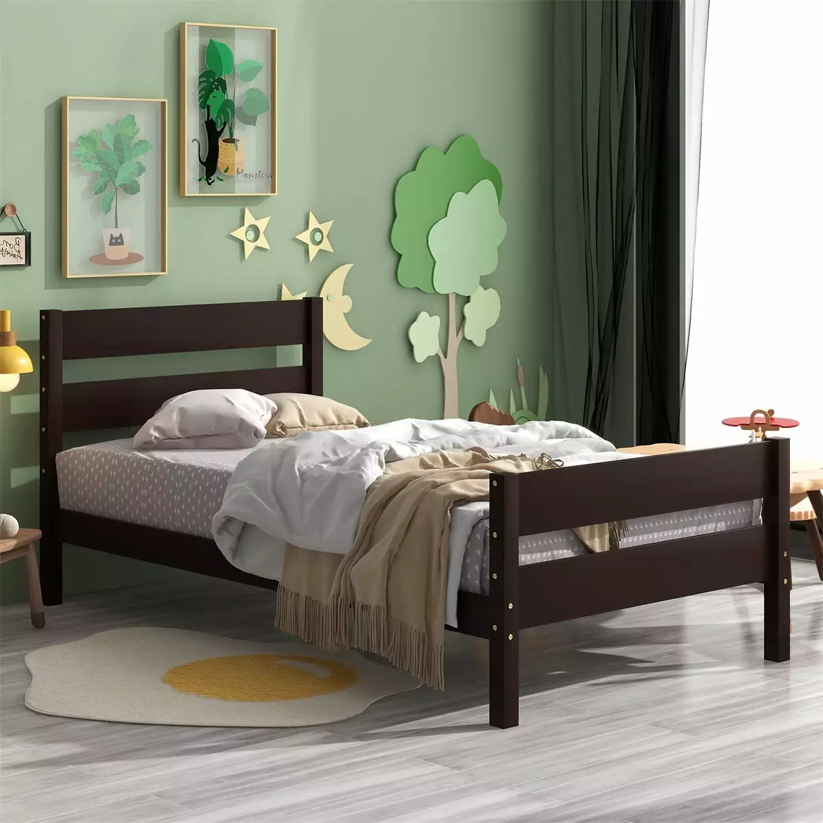 ARCTICSCORPION Twin Size Bed Frame Headboard and Footboard Wood Platform Bed 10 Slats Support Kids Toddlers Bedroom Espresso