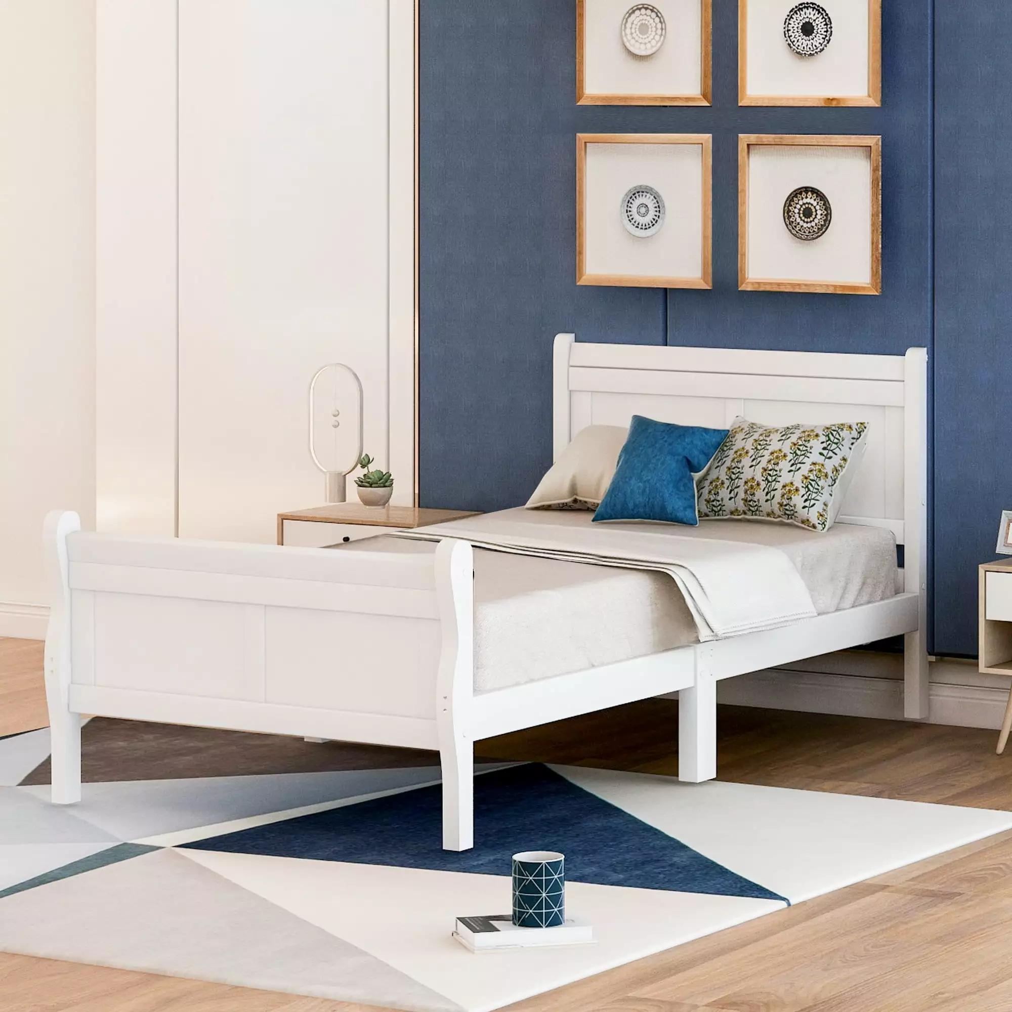 ARCTICSCORPION Twin Size Wood Platform Bed Frame - Sleigh Bed Headboard and Footboard Wood Slat Support Kids Toddlers Dorm...