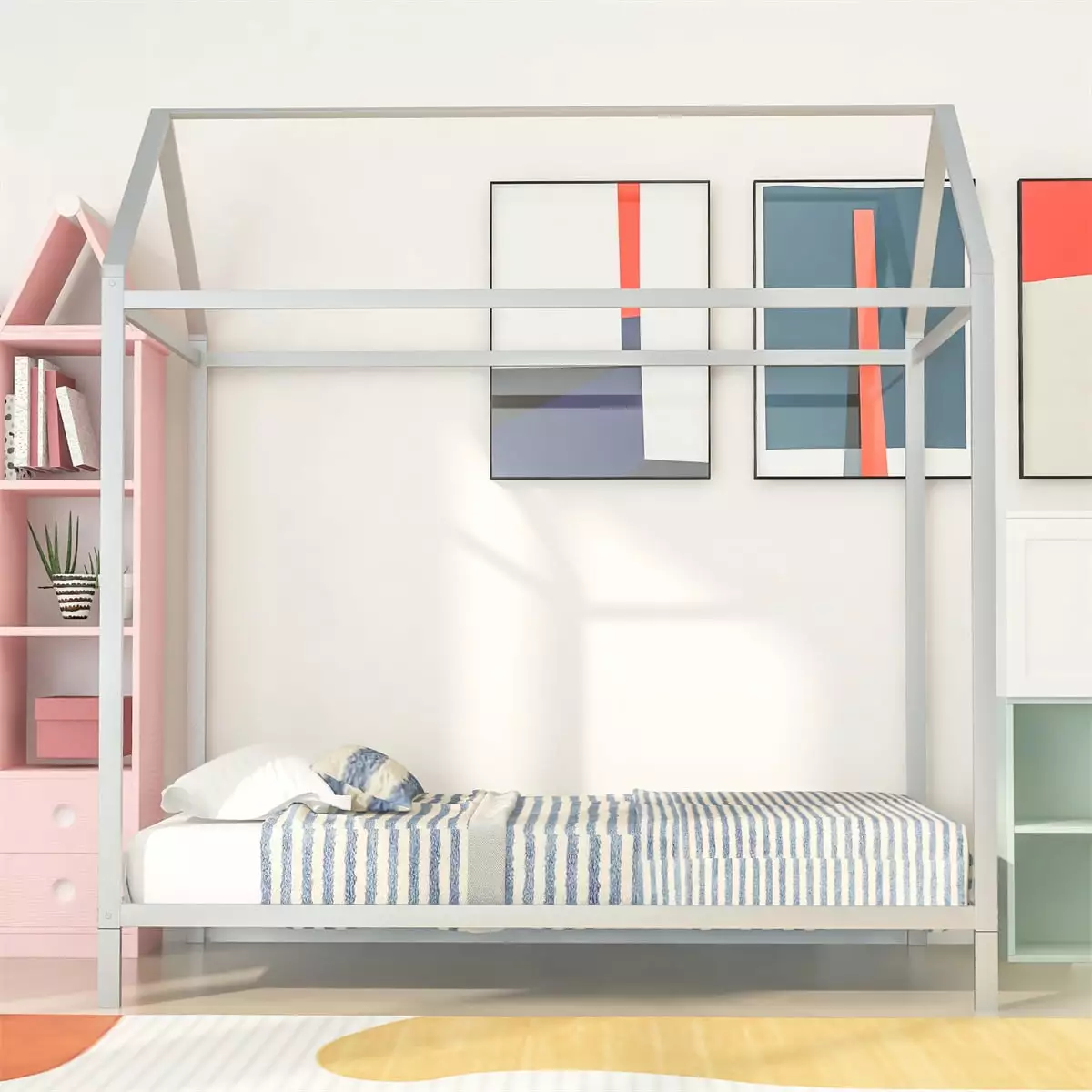 Houtilize Twin Size Metal Platform Bed Frame Decorative Roof Teens Boys and Girls ARCTICSCORPION