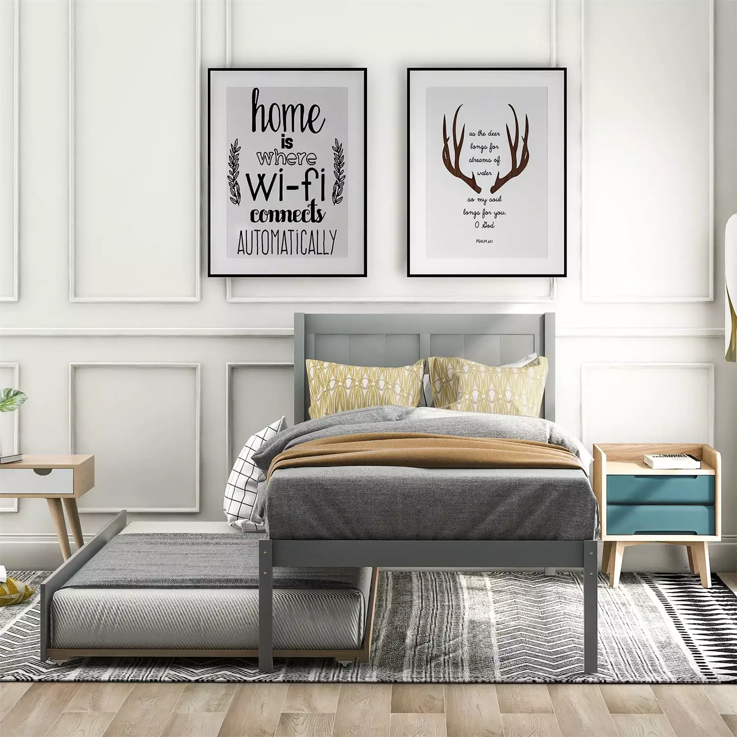 Twin Bed Frame Trundle Kids - Wooden Platform Bed Headboard - Grey - No Box Spring Needed ARCTICSCORPION