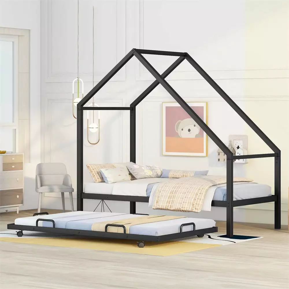 Twin Size Houtilize Bed Frame Trundle and Fun Decorable Roof Black ARCTICSCORPION