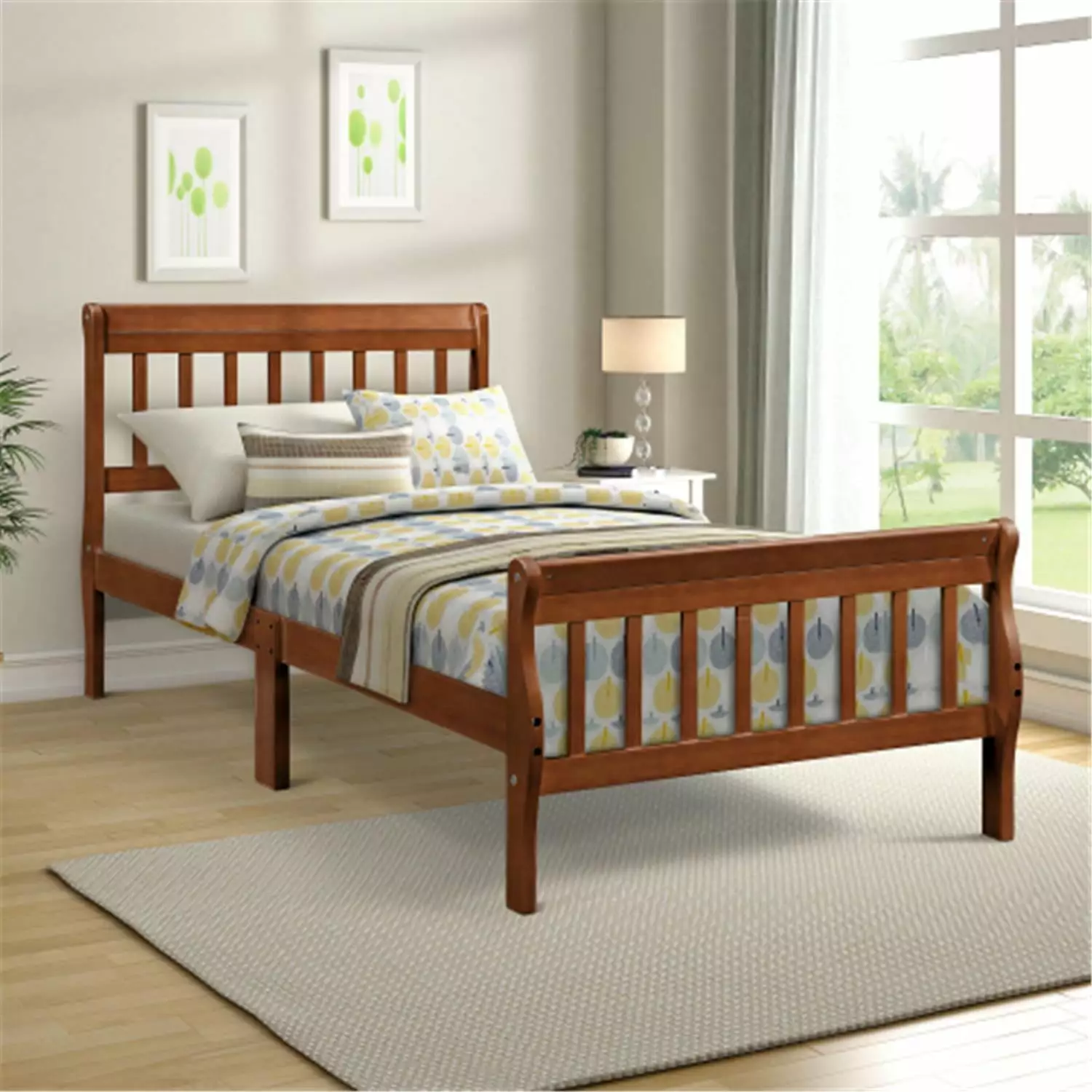 Twin Size Platform Bed Modern Wooden Platform Bed Frame Headboard and Footboard Kids Boys Girls 10 Wood Slat Support Oak A...