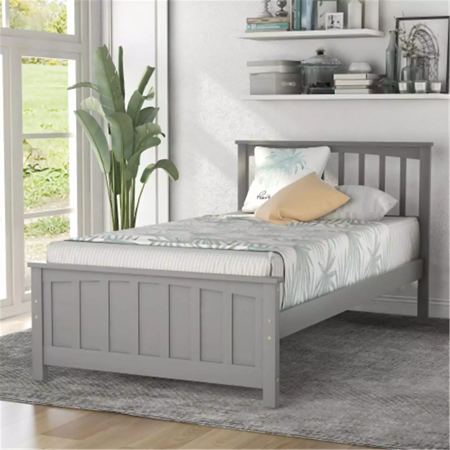 Twin Wood Platform Bed Frame Headboard No Spring Box Needed Can Hold Up To 275 Lbs Gray ARCTICSCORPION