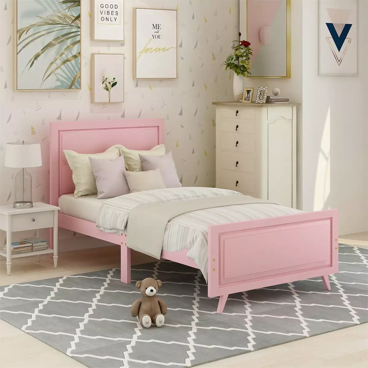 Wood Platform Bed Kids Teens Twin Size Bed Frame Headboard and Footboard Pink ARCTICSCORPION