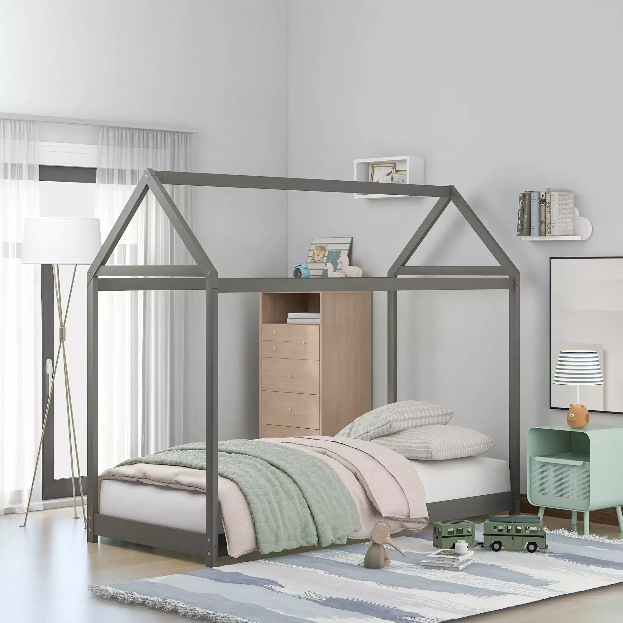Aukfa Houtilize Bed Wooden Twin Bed Frame Kids Gray