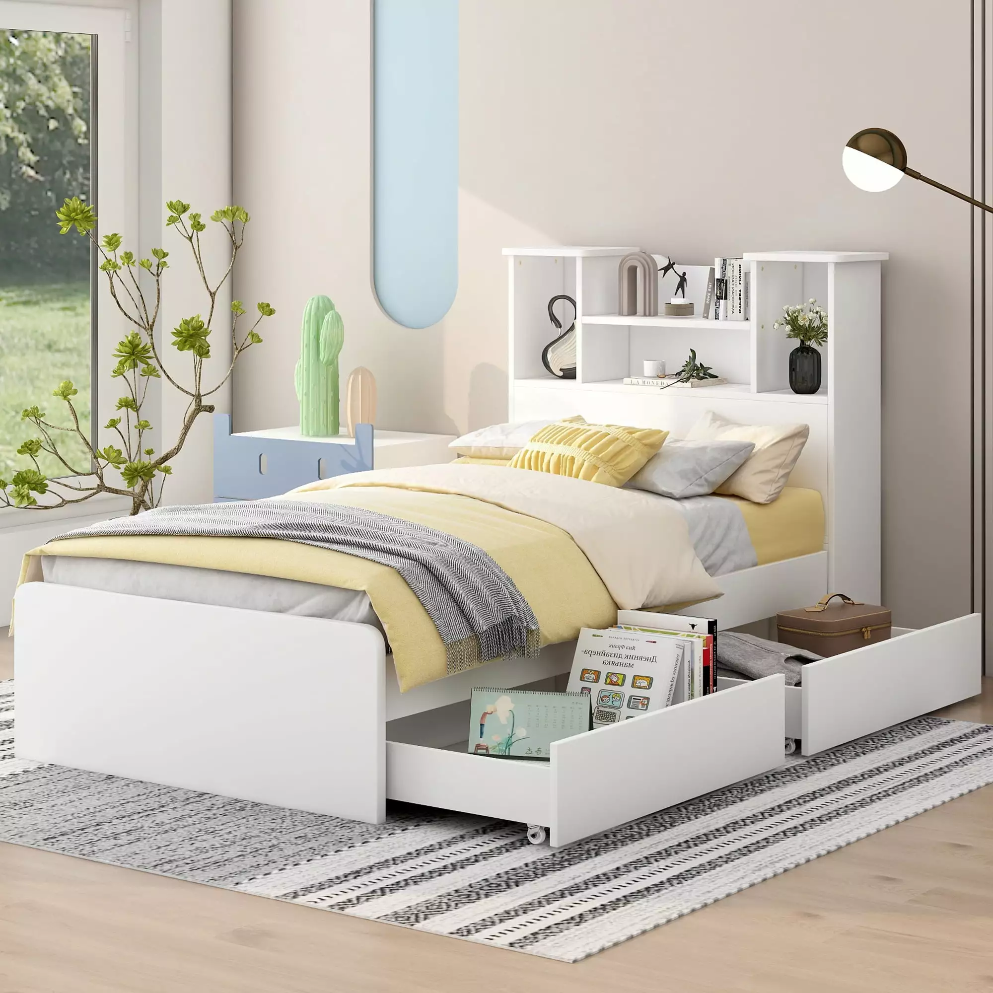 Bellemave Twin Bed Storage Headboard and 2 Drawers Solid Wood Platform Frame LED Lights White