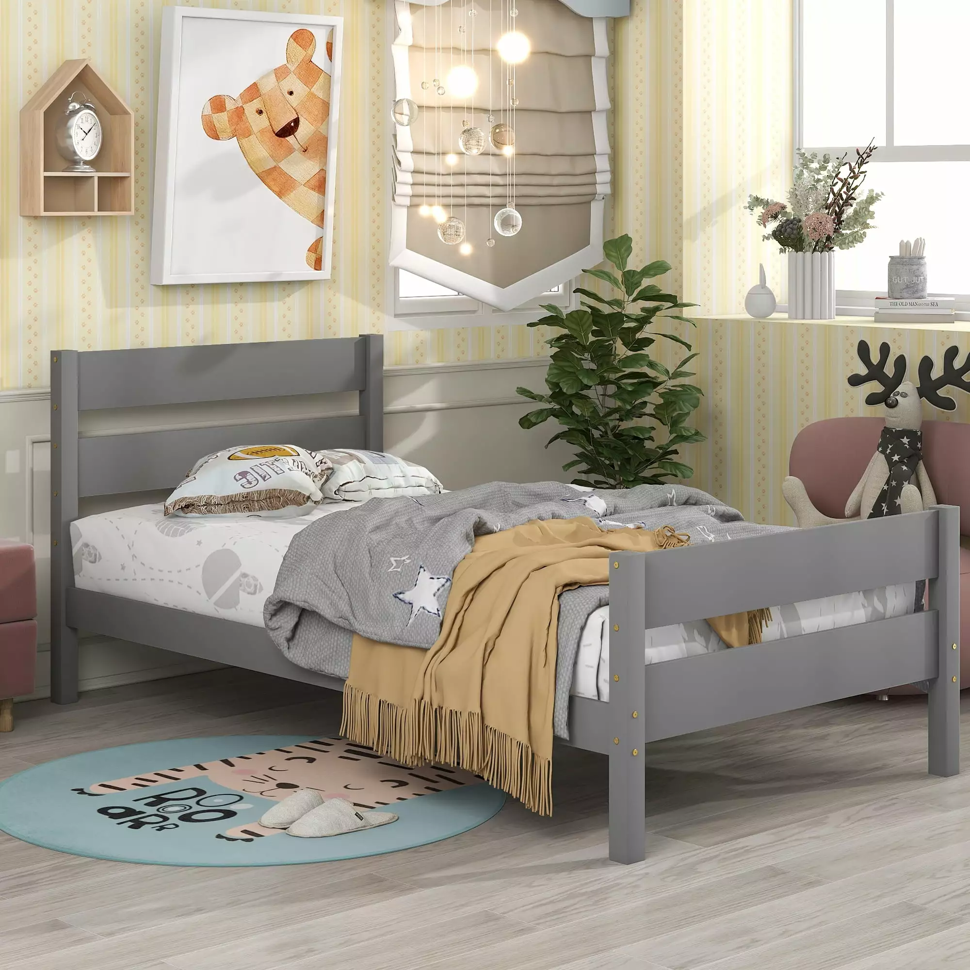 Bellemave Twin Platform Bed Headboard and Footboard Under Bed Storage Gray Wooden Bed Frame Kids Teens Adults