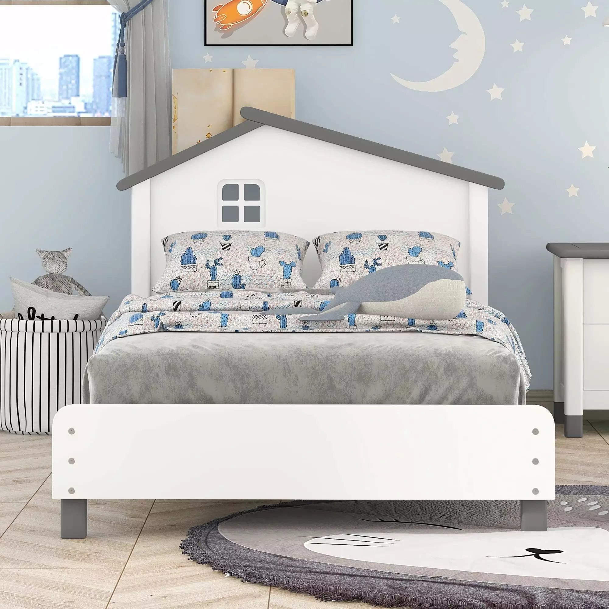 Bellemave Twin Platform Bed Houtilize-Shaped Headboard Wood Slats Kids Boys Girls No Box Spring Needed White Gray