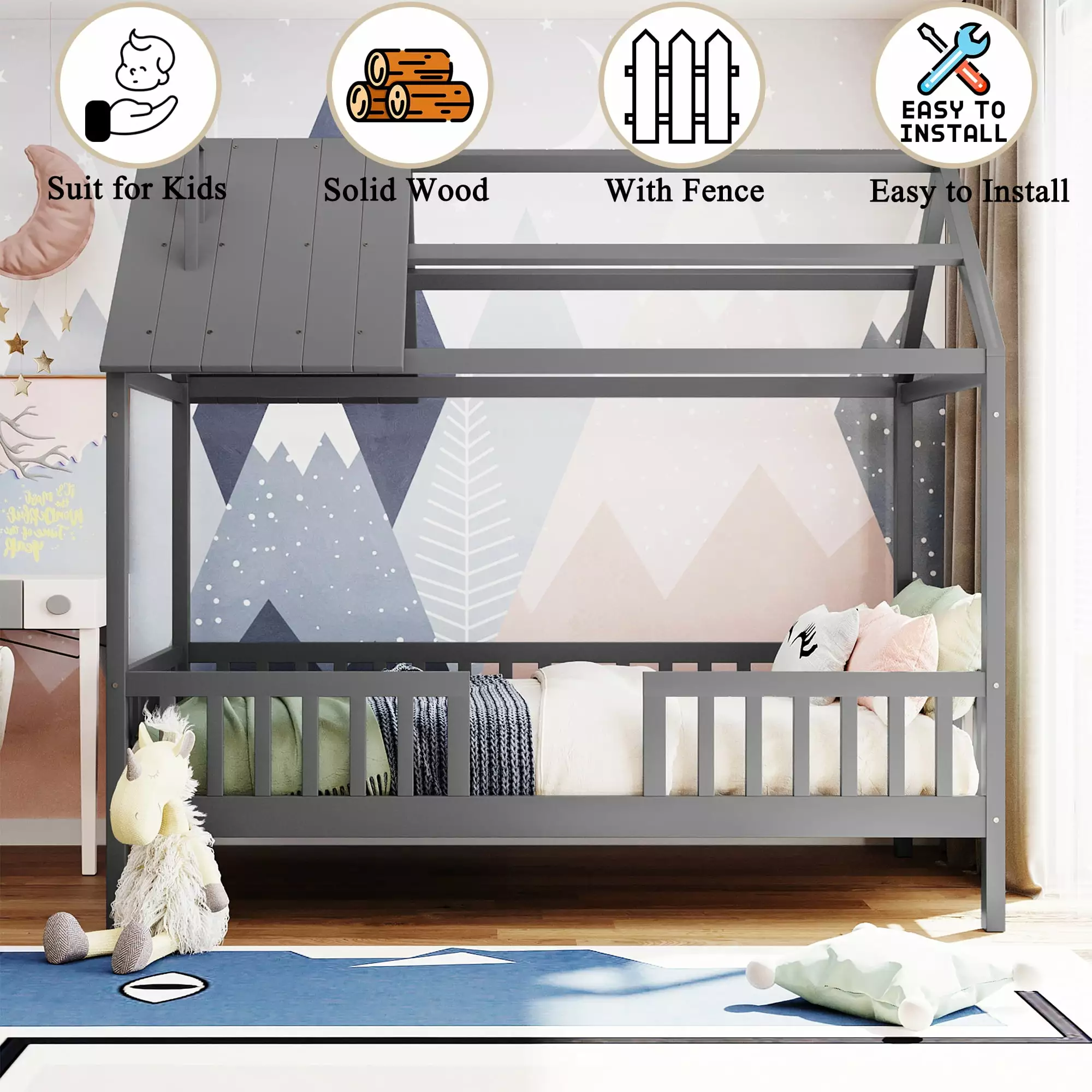 Bellemave Twin Size Houtilize Bed Semi-Roof and Full Guardrails Girls Boys Teens No Box Spring Needed Gray