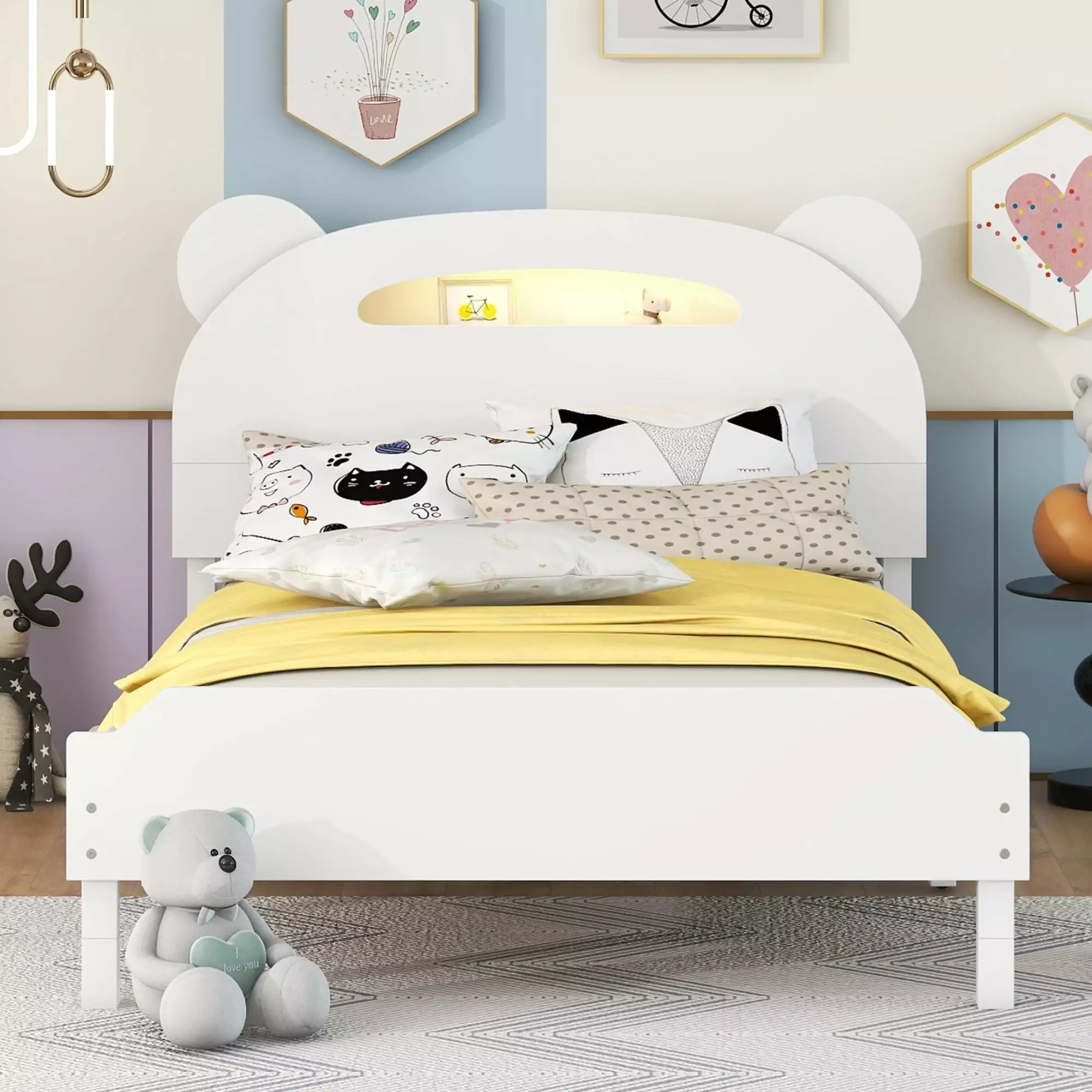 Bellemave Twin Solid Wood Platform Bed Bear-shaped Headboard and Warm Night Lights Kids White