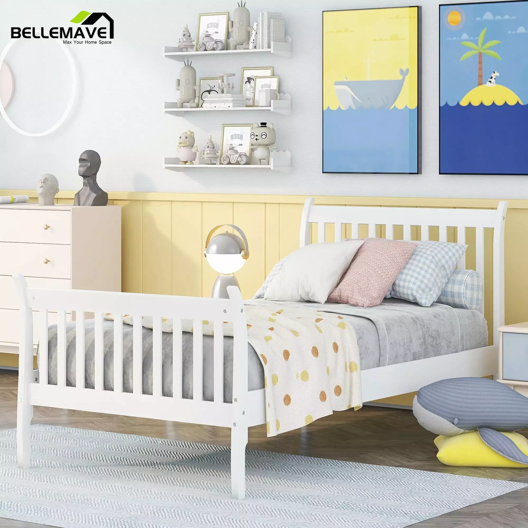 Bellemave Wood Twin Bed Frame Headboard and Footboard Kids No Box Spring Needed White