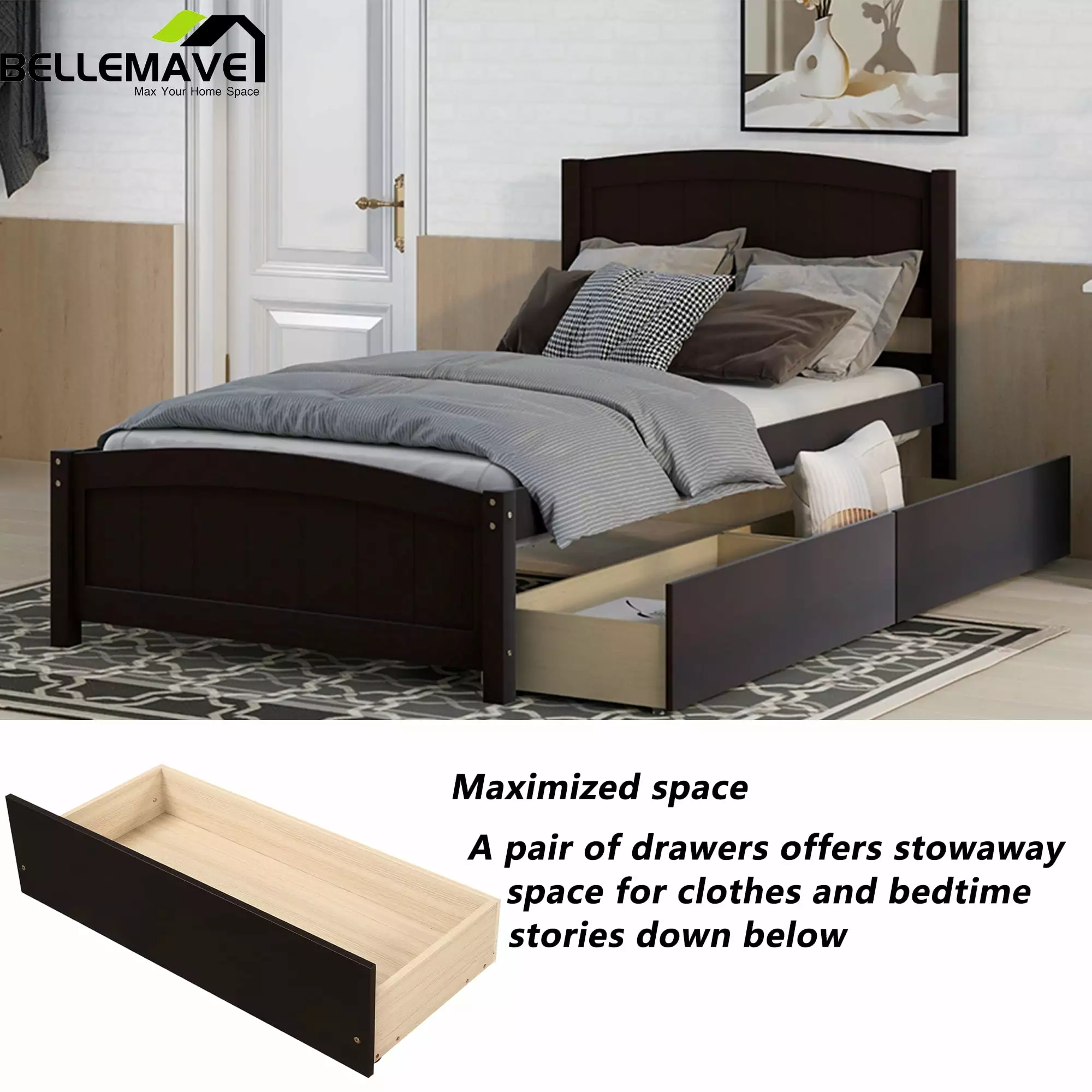 Twin Platform Bed Frame Storage Drawer Headboard and Slats Twin Size Bed Frame Kids Girls Boys Espresso Bellemave