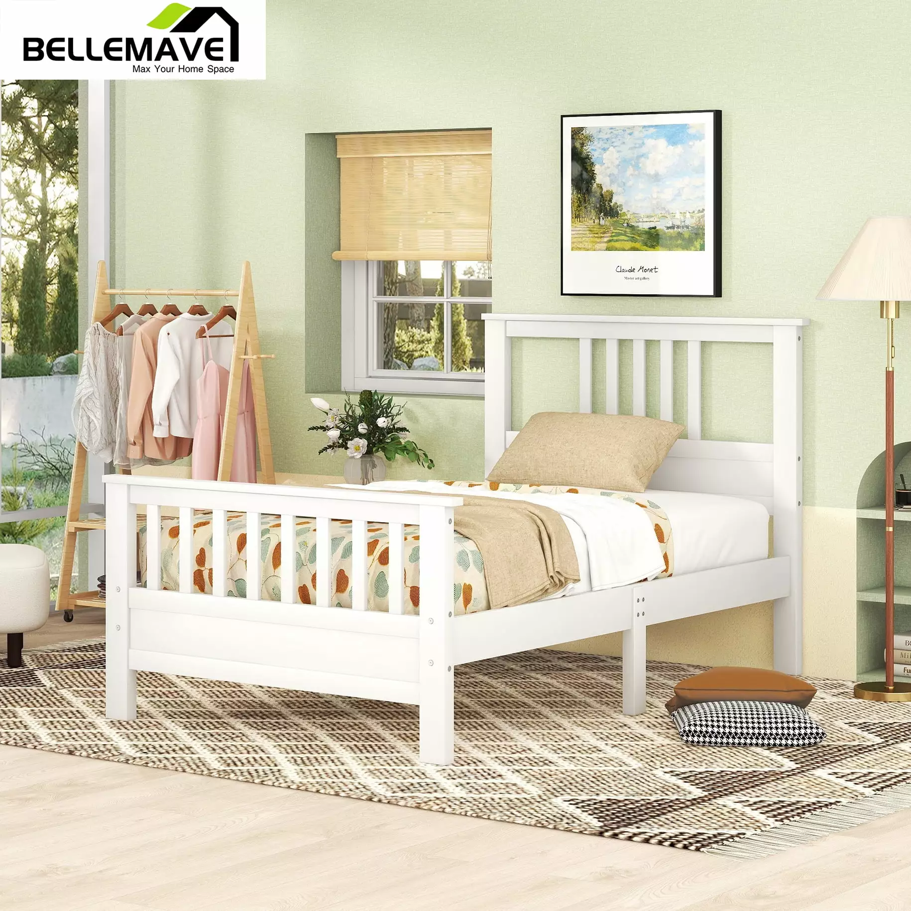 White Twin Wood Bed Frame Headboard and Footboard Modern Platform Bed Kids Teens Adults Bellemave