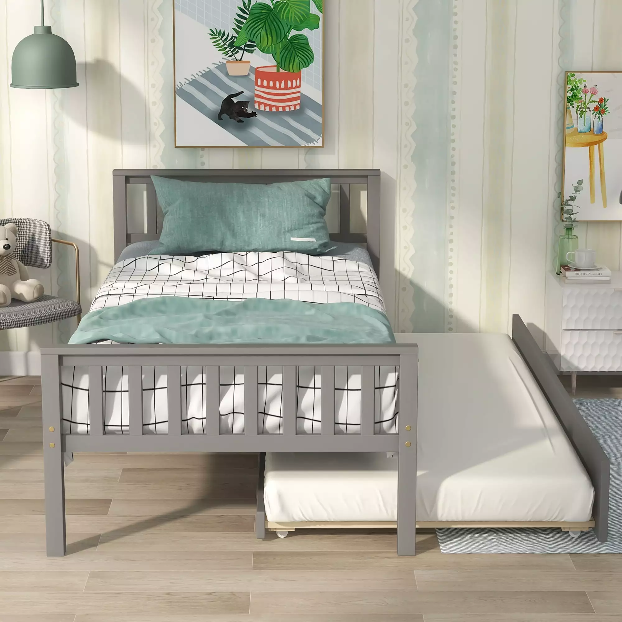 BTMWAY Twin Bed Trundle and Headboard Gray Kids Teens and Adults