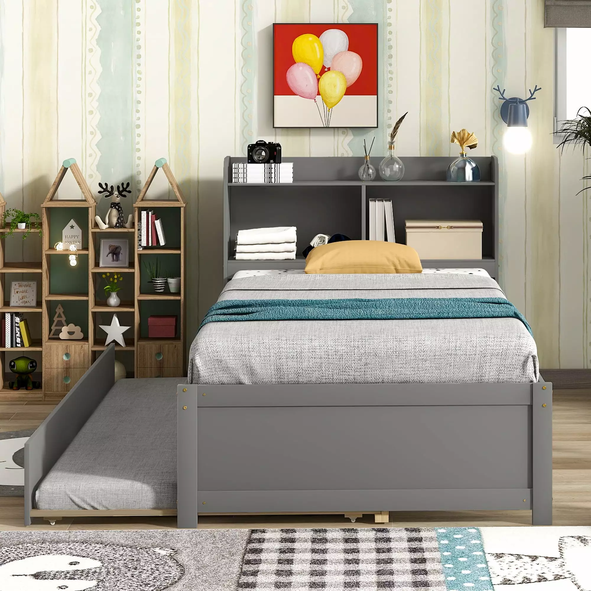 BTMWAY Twin Wood Platform Bed Frame Storage Bookcase and Trundle Bed Headboard No Box Spring Needed Gray