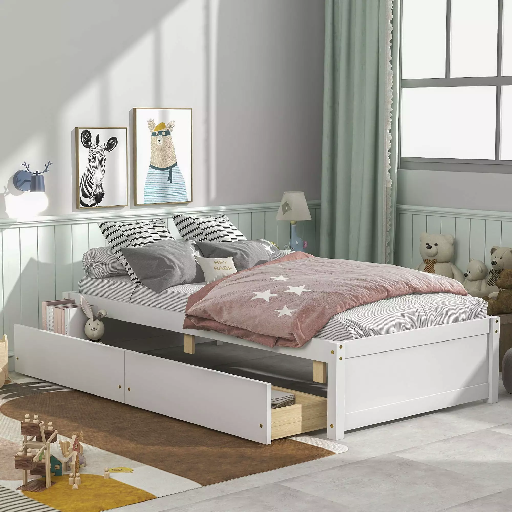 Twin Size Solid Wood Platform Bed Frame Drawers No Box Spring Needed Modern Storage Bed Kids Teens Adults Easy Assembly Wh...