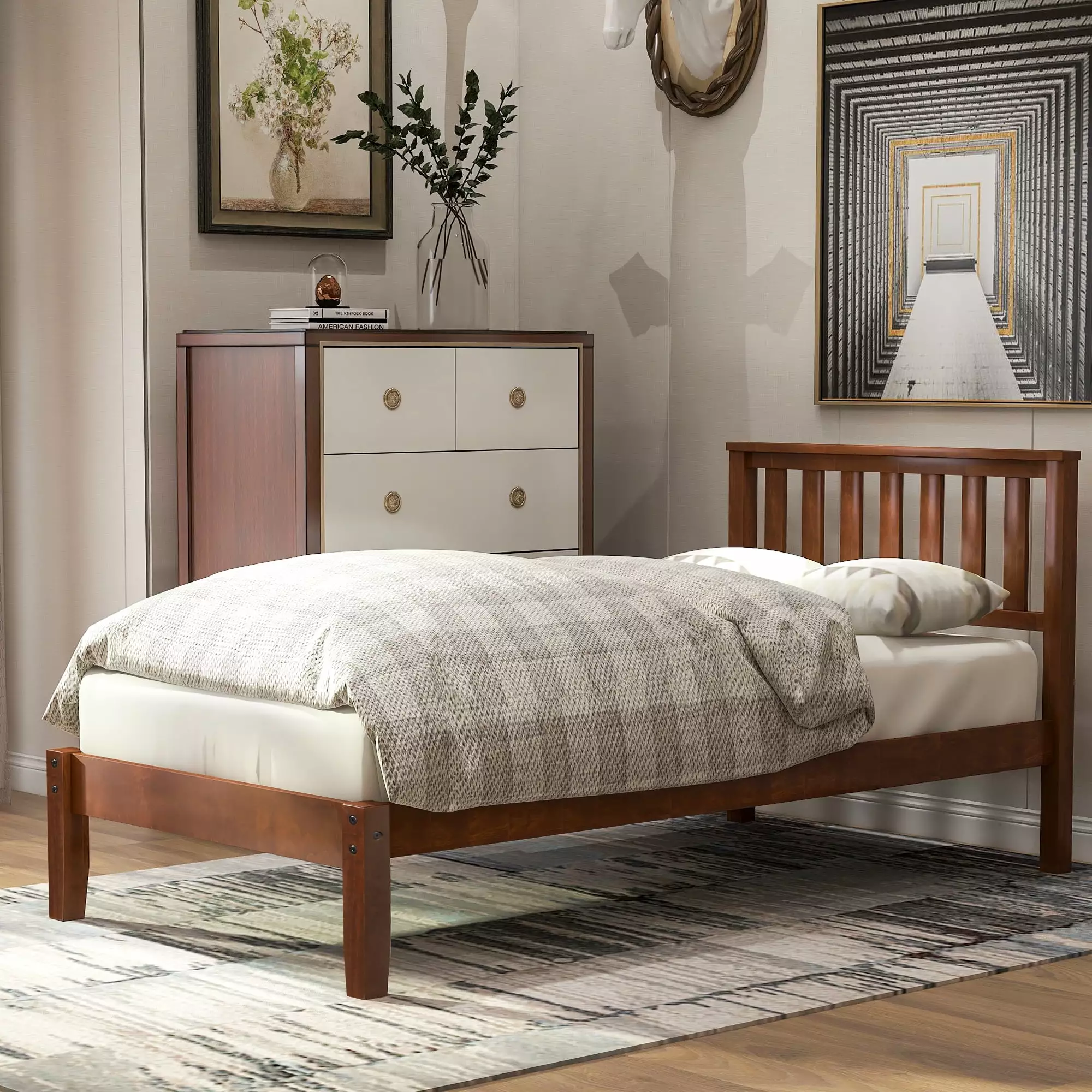 Wood Platform Bed Twin Size Headboard Heavy Duty Slat Support No Box Spring Needed BTMWAY
