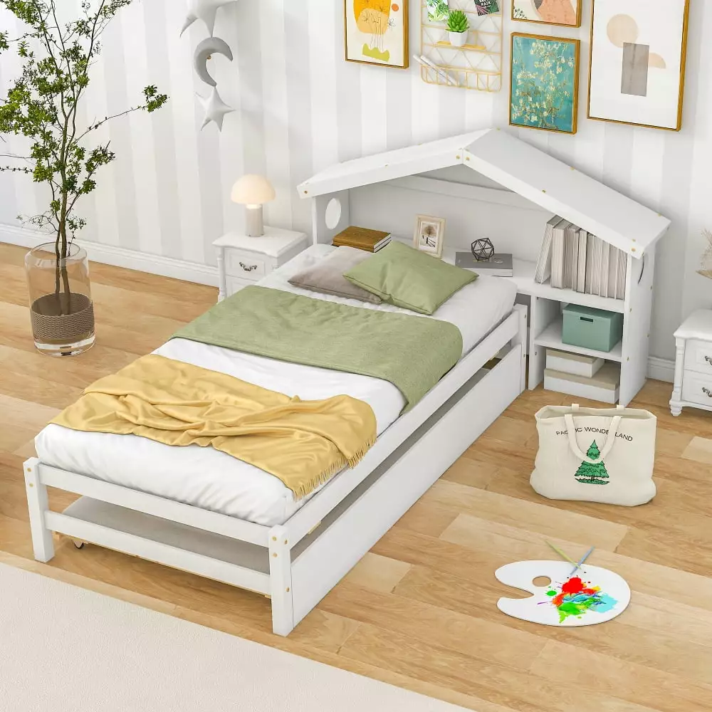 CCBUY White Twin Bed Frame Trundle and Bedside Table Kids Platform Twin Size Bed Pull Out Trundle Solid Wood Bookcase Head...