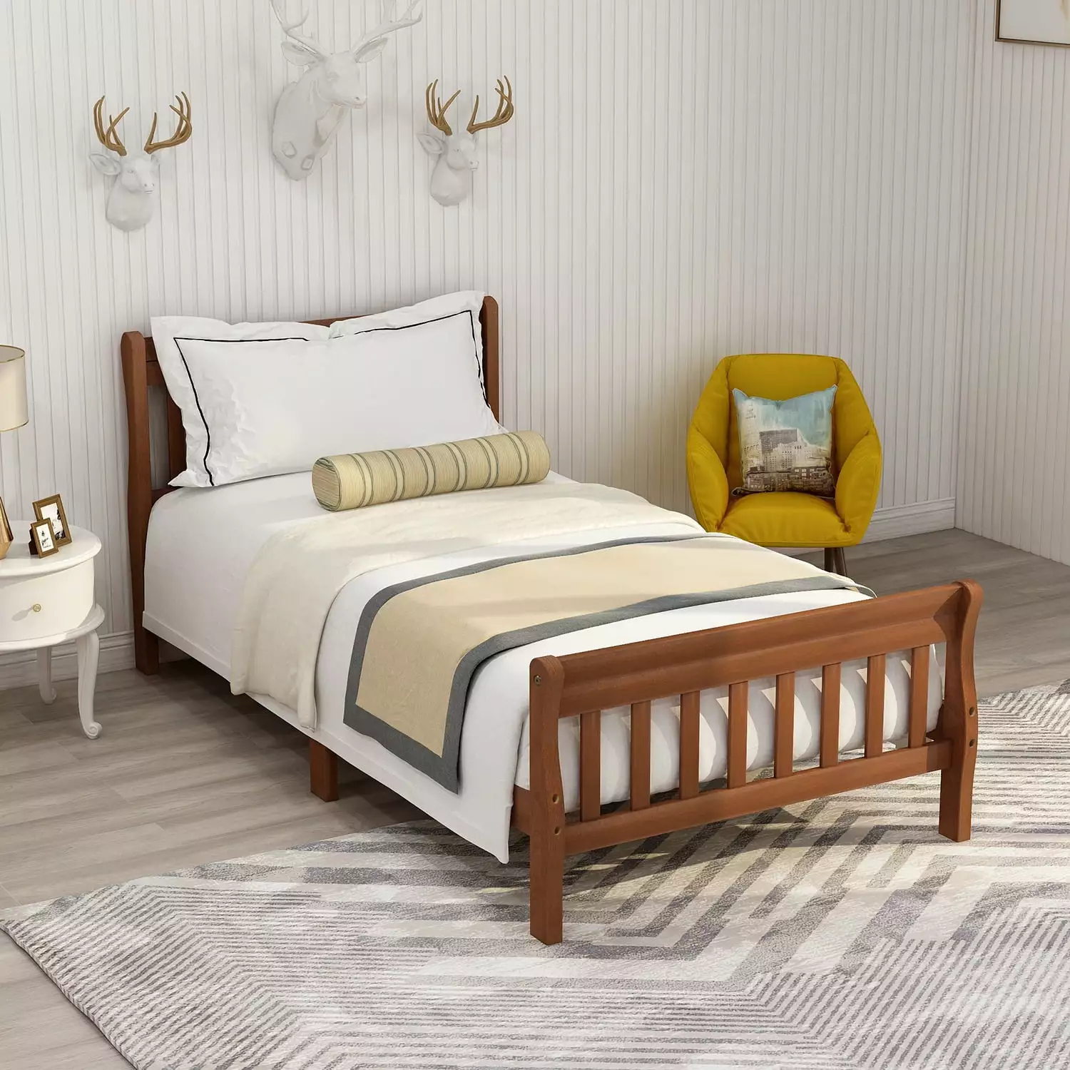 Churanty Twin Wood Platform Bed Frame Headboard Sleigh Bed Mattress Foundation
