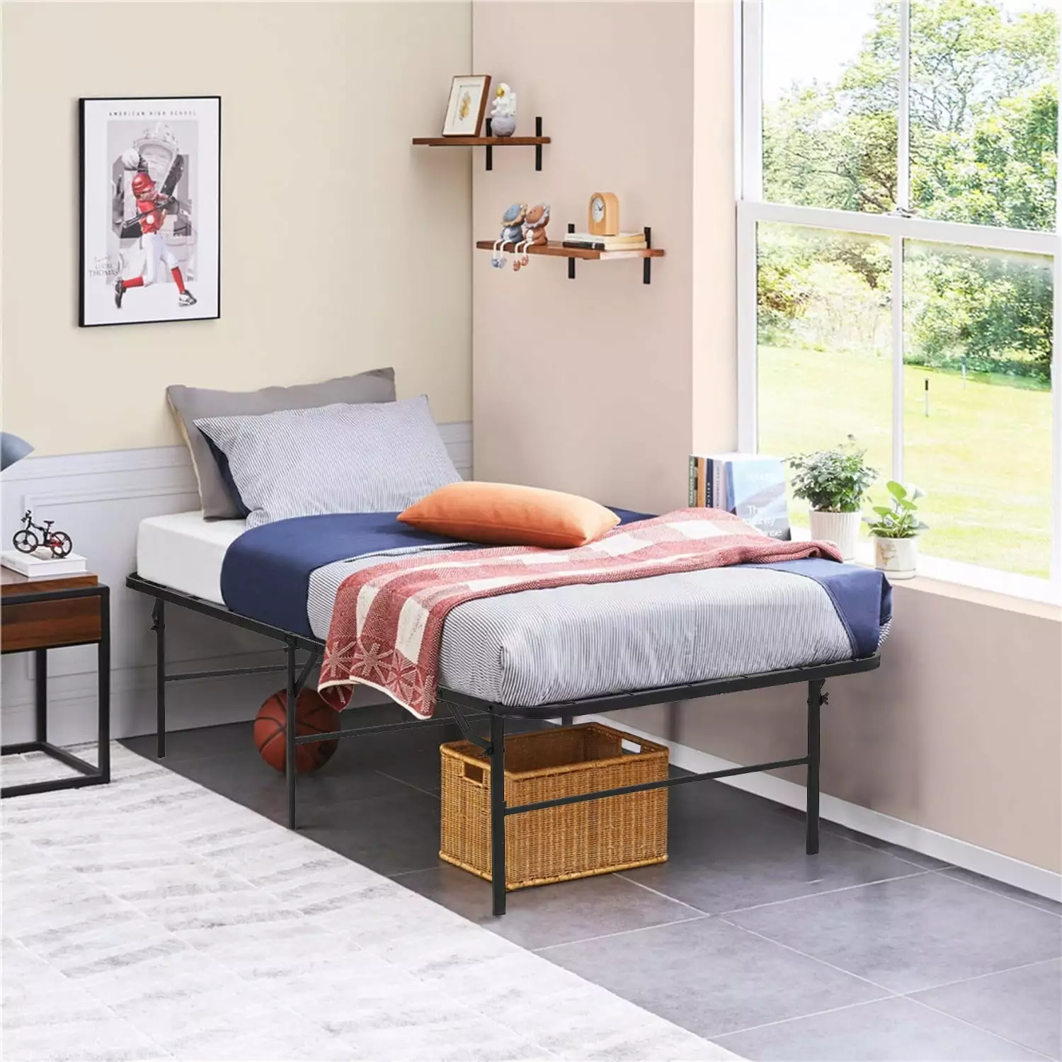 CL.HPAHKL Foldable Twin Bed Frame Heavy Duty Metal Platform 14 Inch High Storage No Box Spring Needed Noise Free