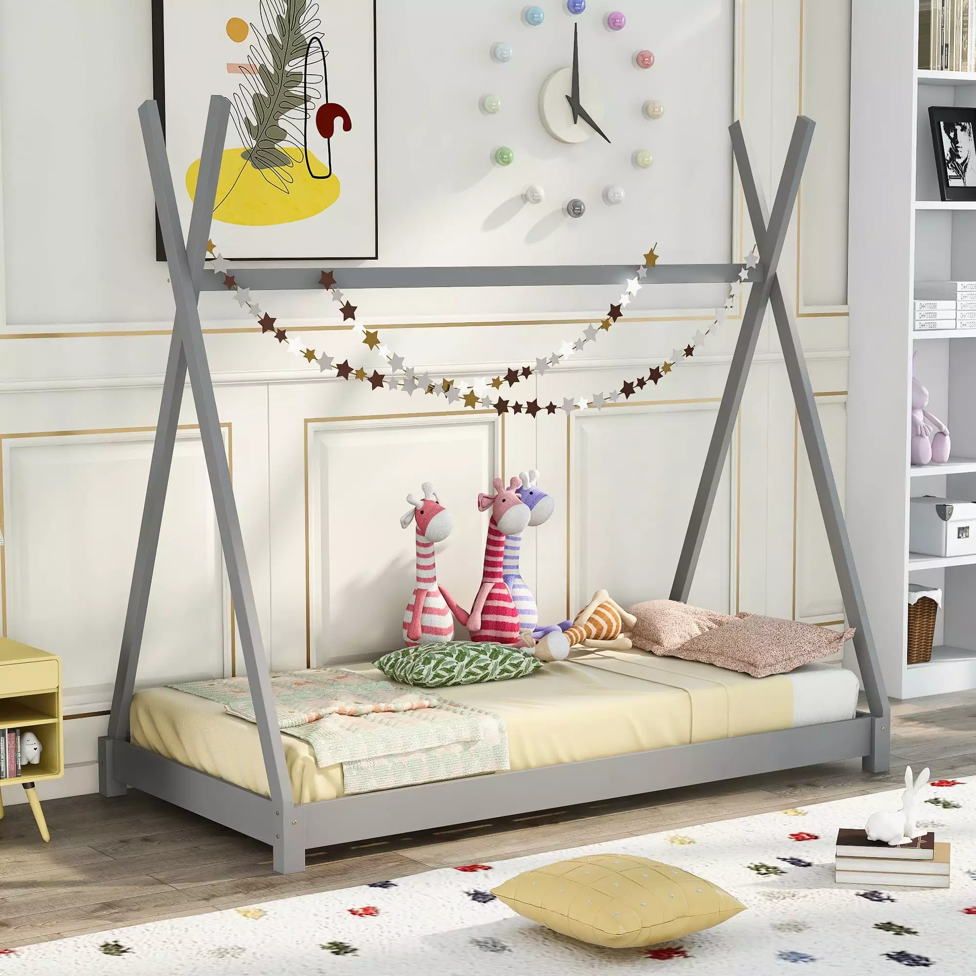 Twin Size Houtilize Platform Bed Triangle Structure Kids Gray Clipeyh