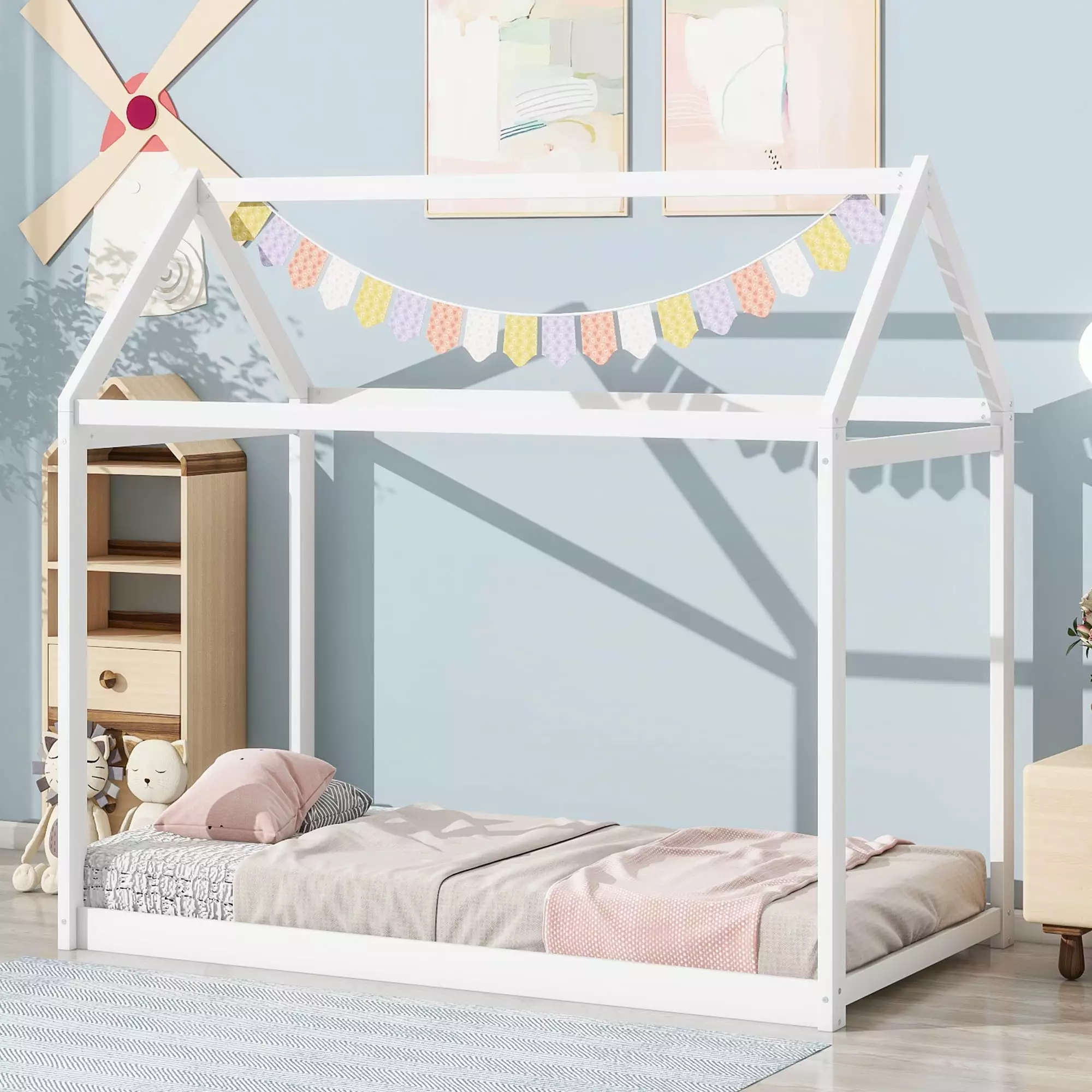 Euroco Twin Wood Houtilize Bed Frame Roof Kids White