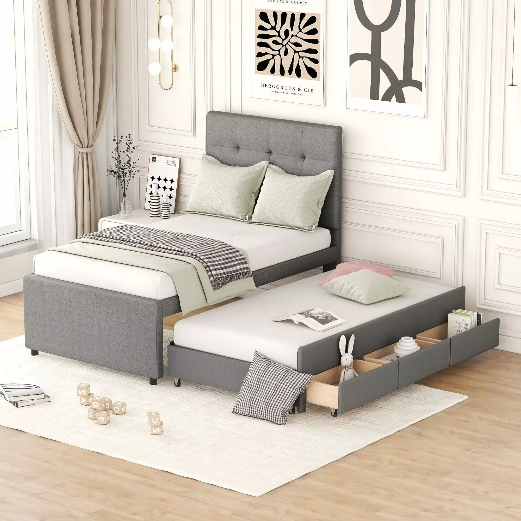 Euroco Upholstered Twin Bed Platform Bed Trundle and 3 Drawers Space Saving Storage