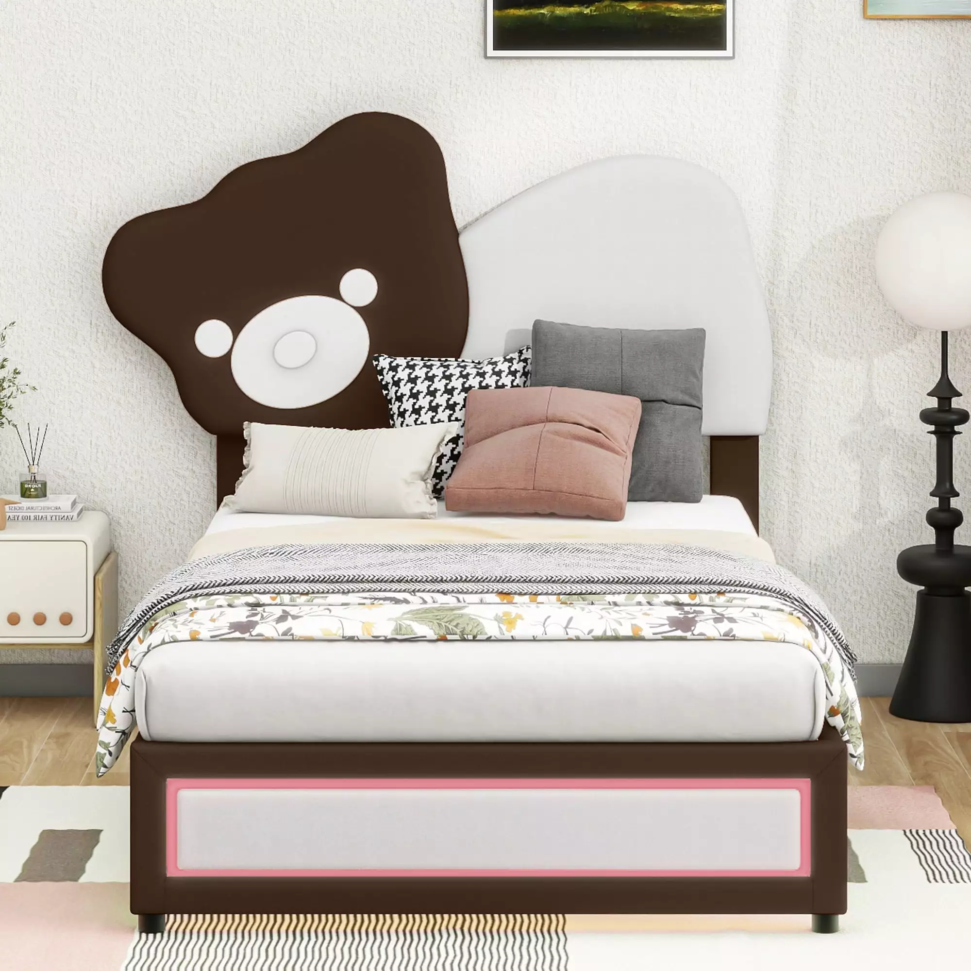 Euroco Upholstered Twin Size Platform Bed Frame Cartoon Bear-Shaped Bed LED Light White