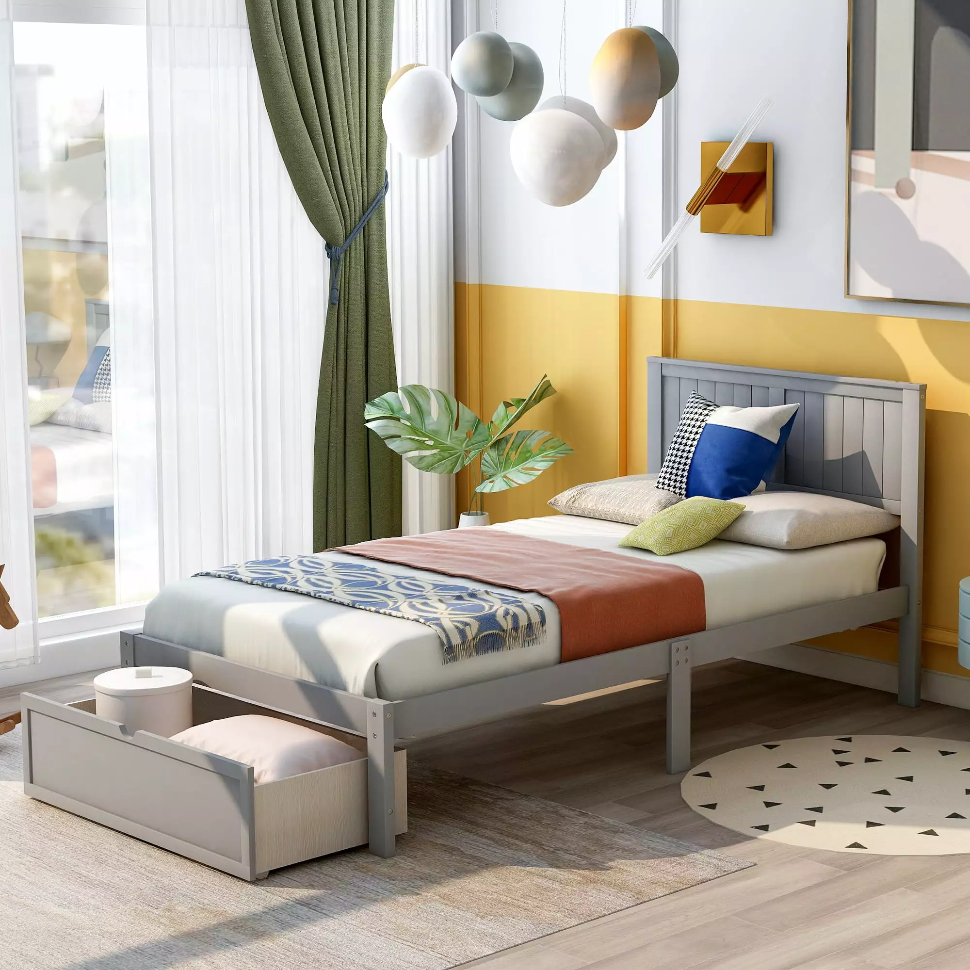 Euroco Wood Twin Size Platform Bed Frame Headboard Big Storage Drawer Gray