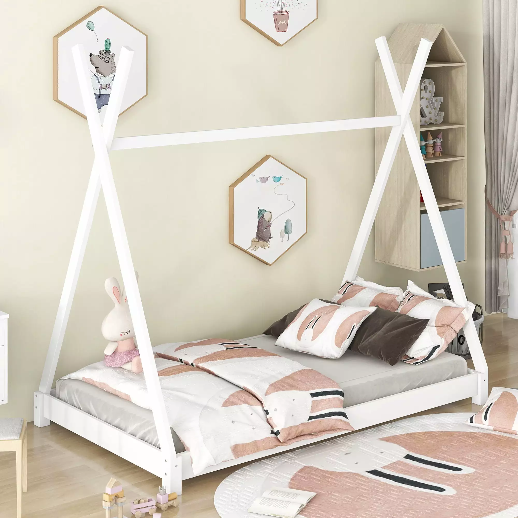 EUROCO Wood X-Shaped Twin Size Bed Kids - White - Modern Platform Bed Frame