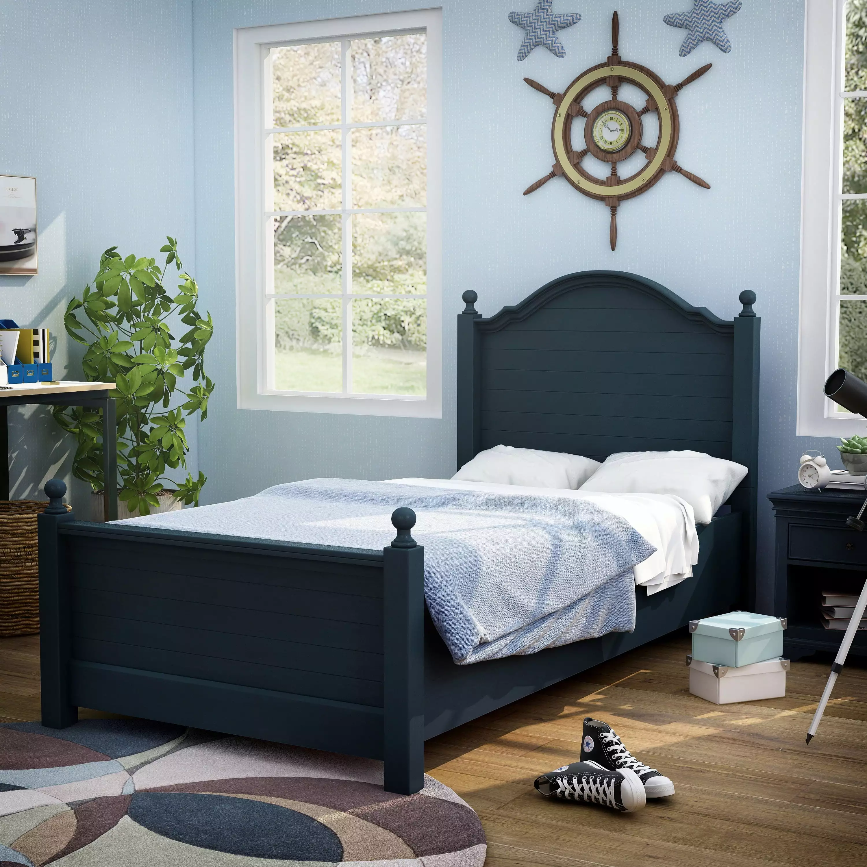 Furniture America Taylor Mattress Ready Wood Blue Twin Kids Bed