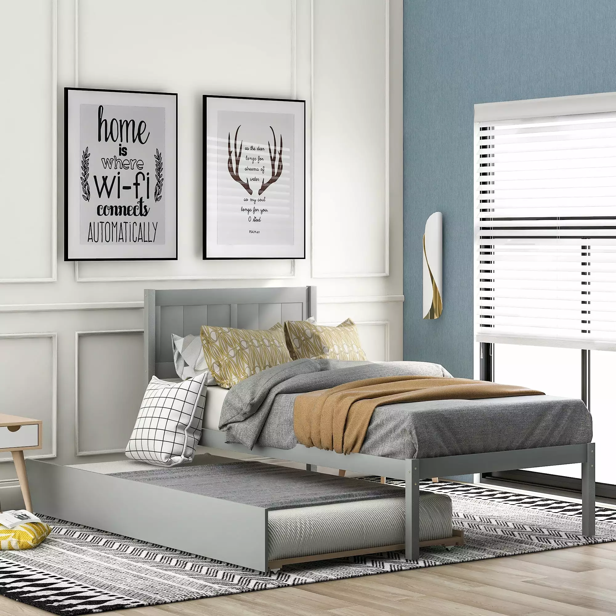 Gewnee Twin Size Kids Wood Platform Bed Trundle and Headboard Gray Space Saving