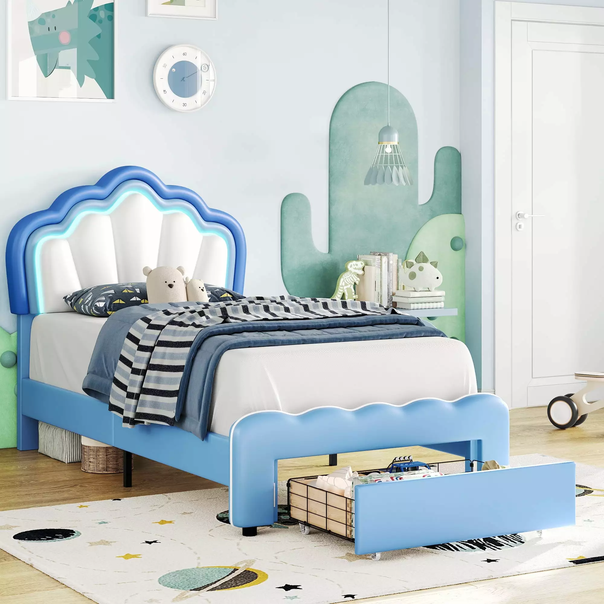 Homfa Twin Size LED Bed Frame Drawer PU Leather Upholstered Platform Bed Adjustable Petal Headboard Kid Blue
