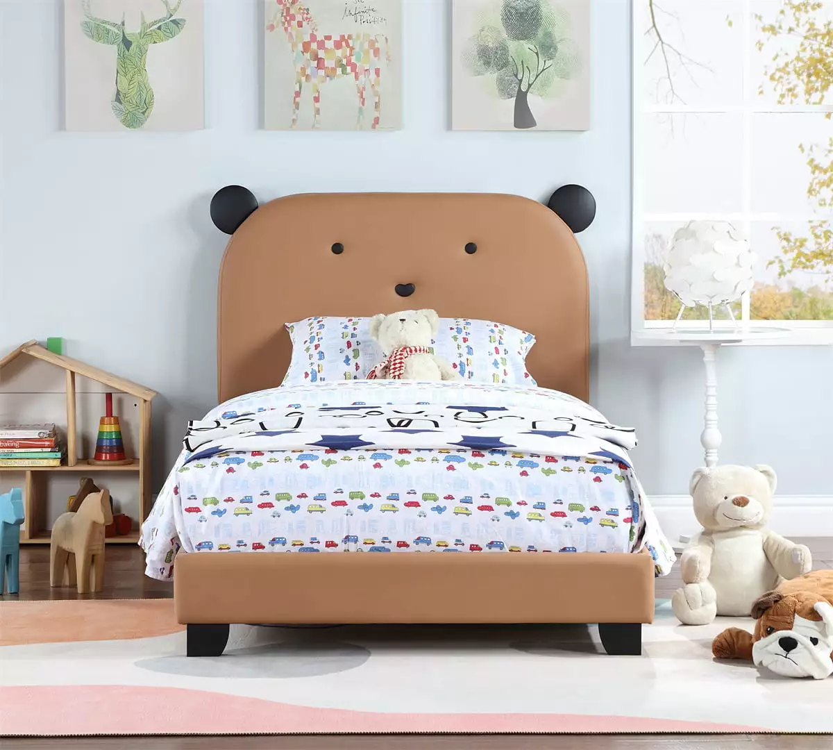 Kids Twin Bed Bear Design Headboard Wooden Bed Frame Slatted Bed Base HOMIQUEEN