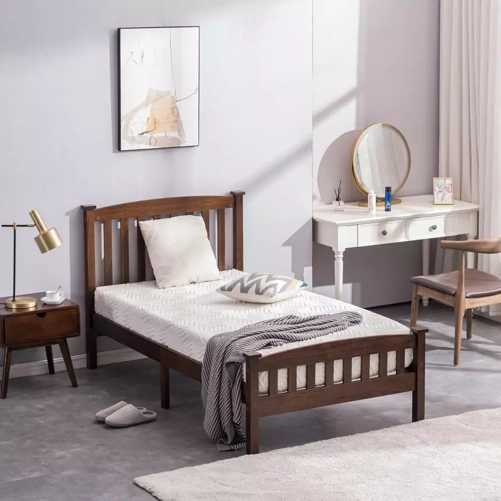 iRerts Twin Platform Bed Frame Headboard & Footboard - Wood Slat Support No Box Spring Needed - Walnut Finish