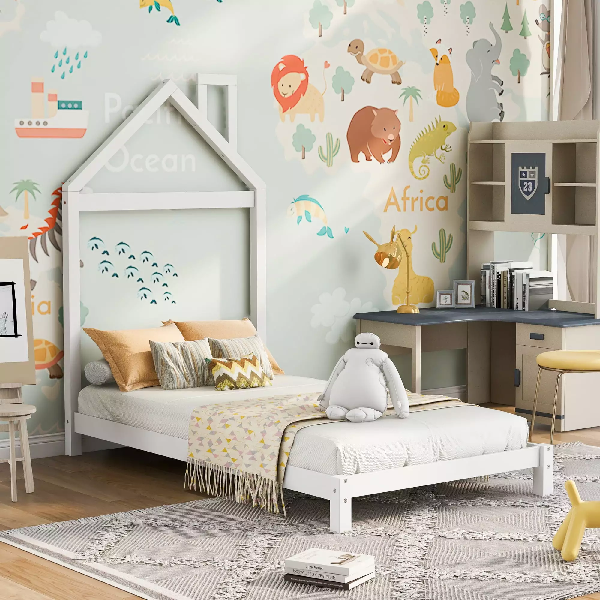 iRerts Wood Twin Platform Bed Houtilize Shaped Headboard Kids Toddlers Boys Girls No Box Spring Needed White