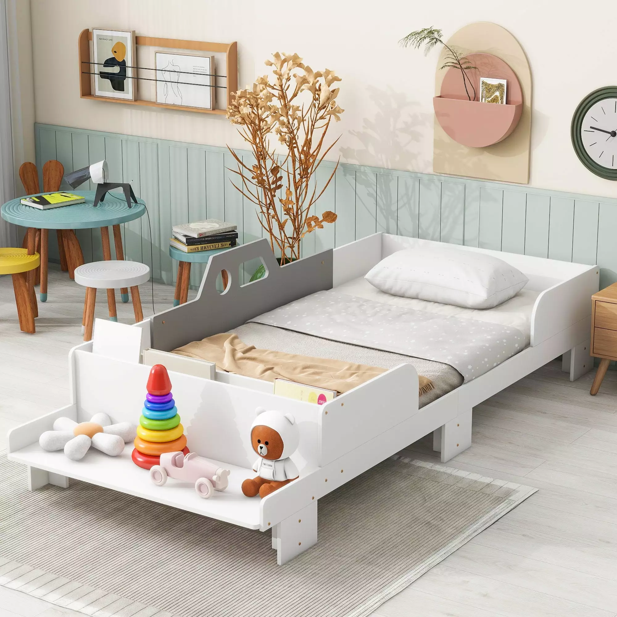 Car-Shaped Kids Bed Storage Bench Twin Bed Book Storage Groove and Guardrail White JAMPOOCA