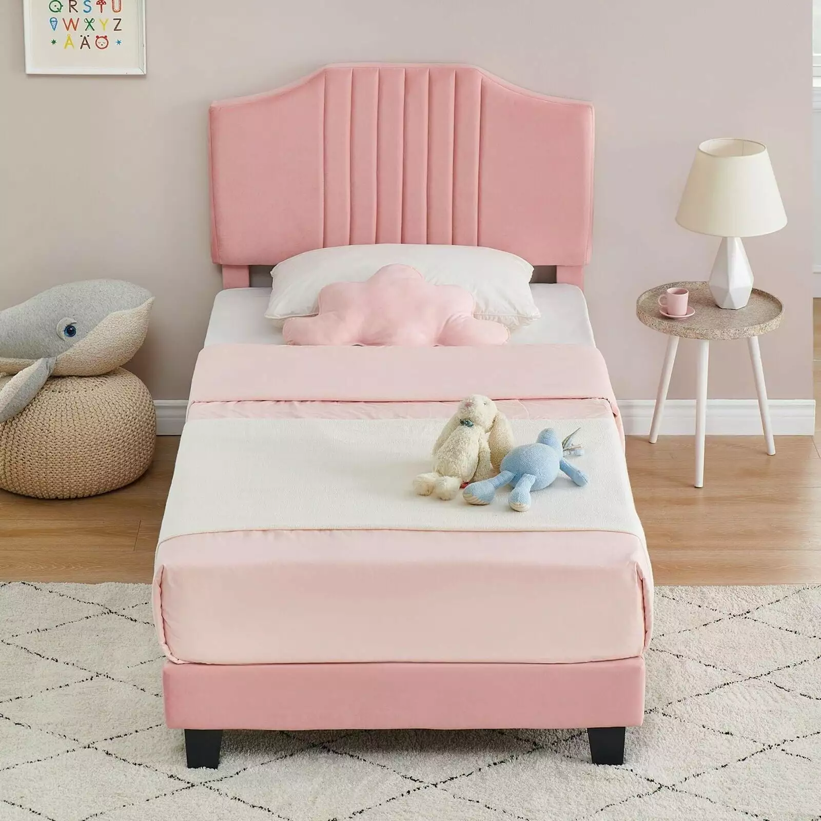 Jojoka Twin Size Bed Frame Velvet Upholstered Headboard Pink Kids Platform Bed