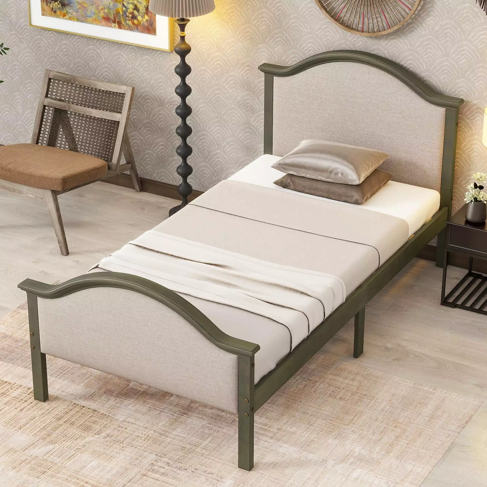 Legahome Twin Bed Frame Bear Ear Shaped Headboard Pink Velvet