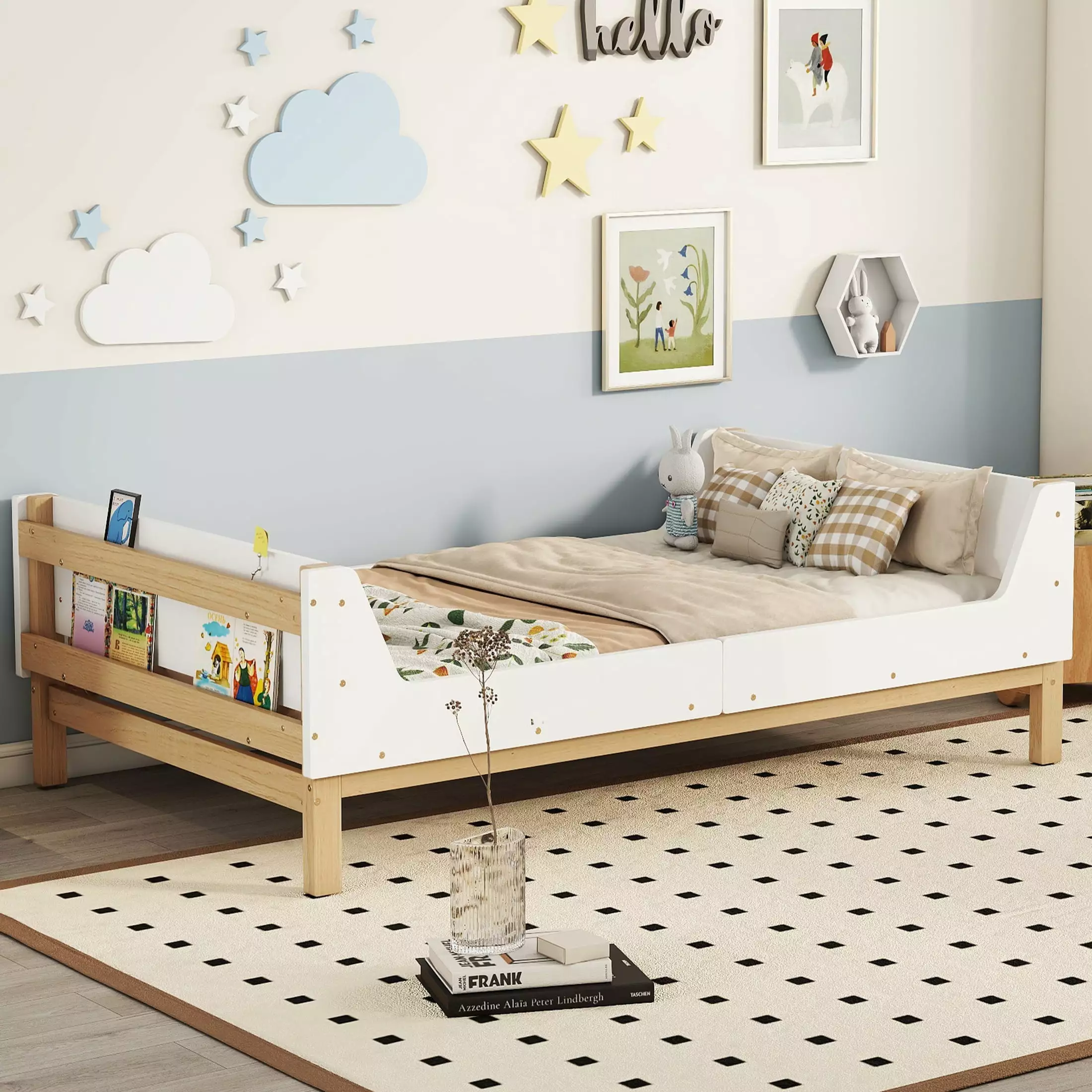 Legahome Twin Bed Frame Wood Platform Bed Headboard Footboard and Book Storage White