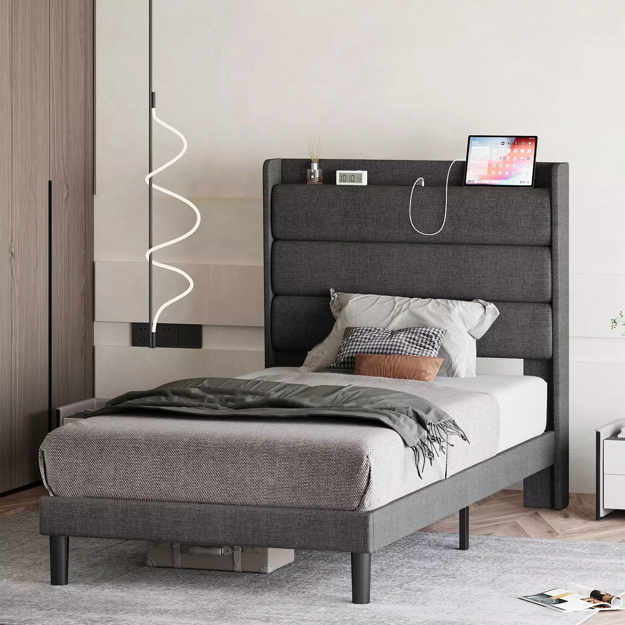 LIKIMIO Twin Bed Frame Storage Upholstered Headboard Outlets No Box Springs Dark Gray