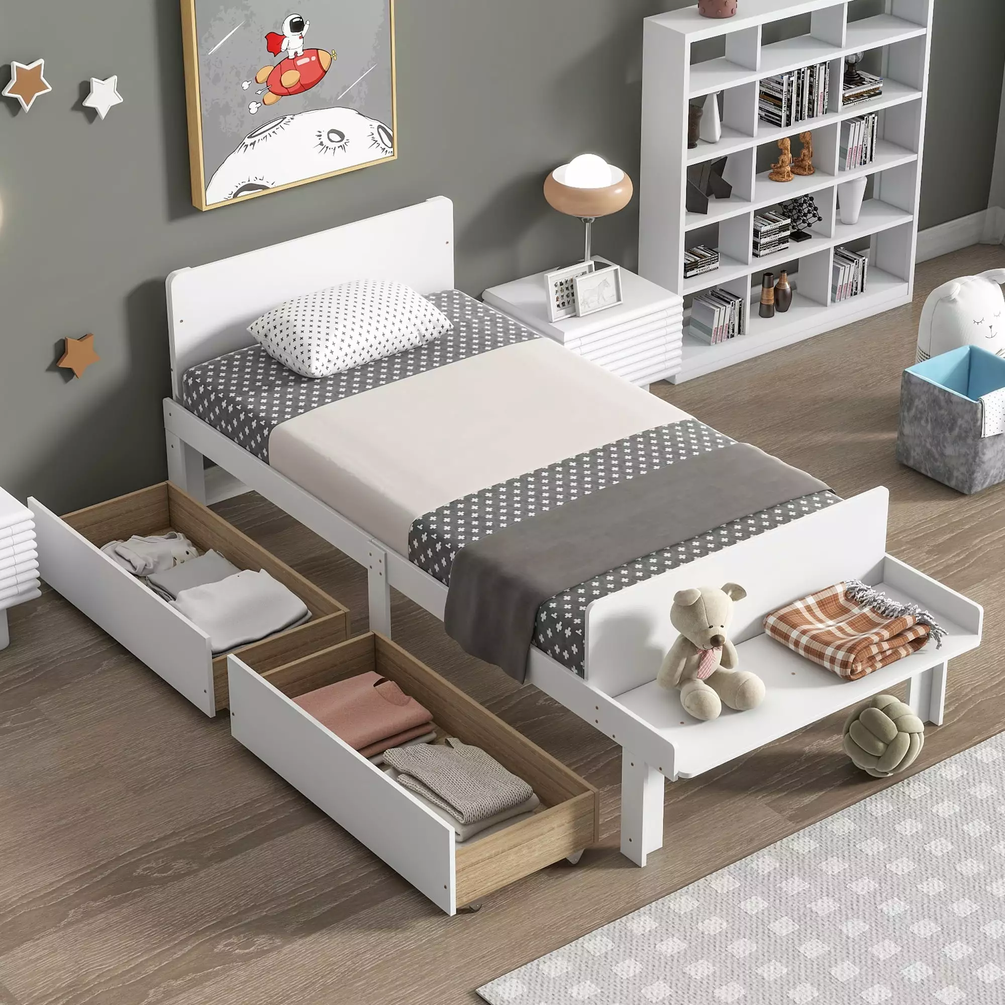 Miniyam White Wood Twin Size Bed Bed-End Bench and Drawers Kids