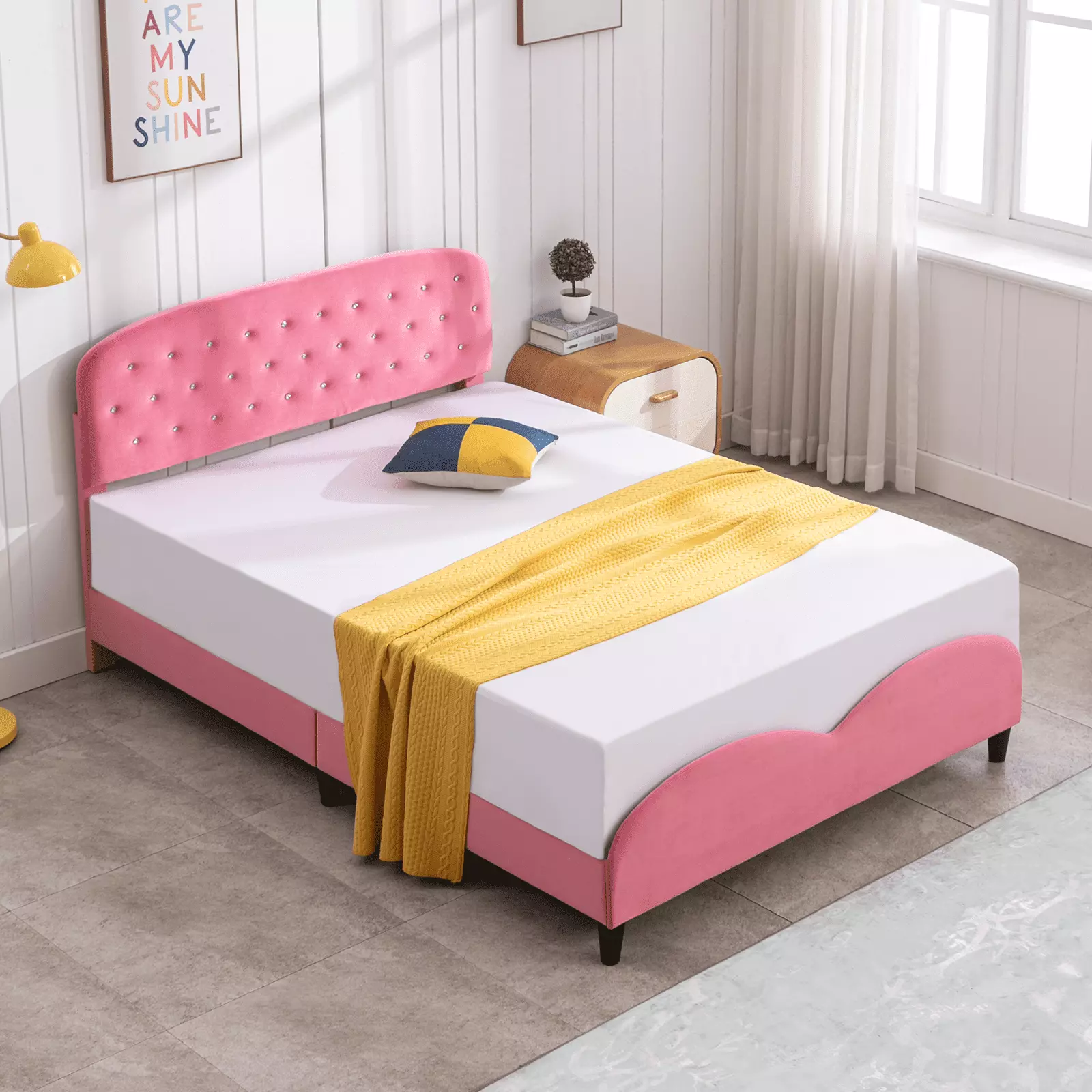 Mjkone Kids Twin Size Bed Frame Velvet Upholstered Headboard Pink