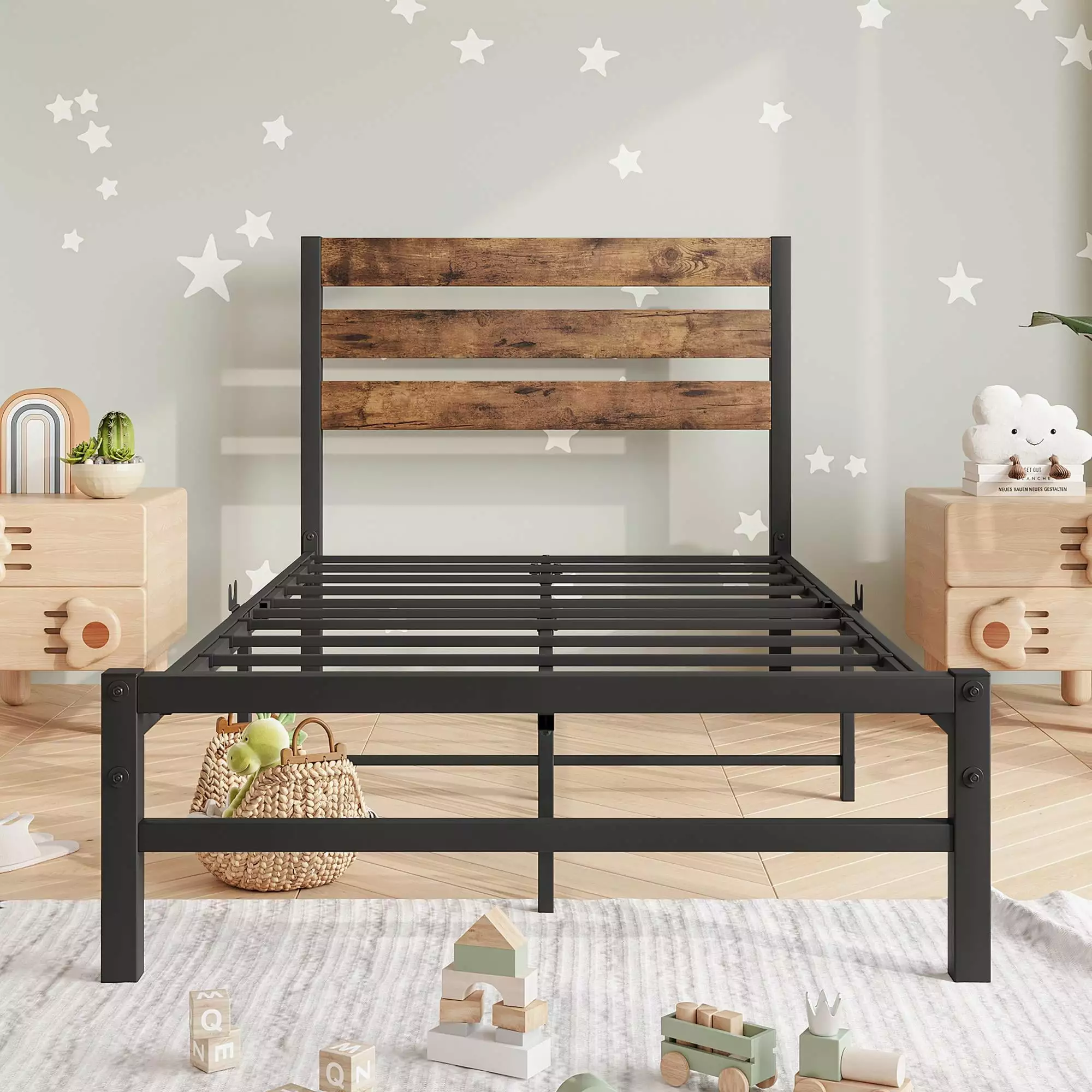 PAPROOS Metal Twin Bed Frame Heavy Duty Twin Size Metal Platform Bed Wooden Headboard Single Bed Frame Kids Teens Adults N...